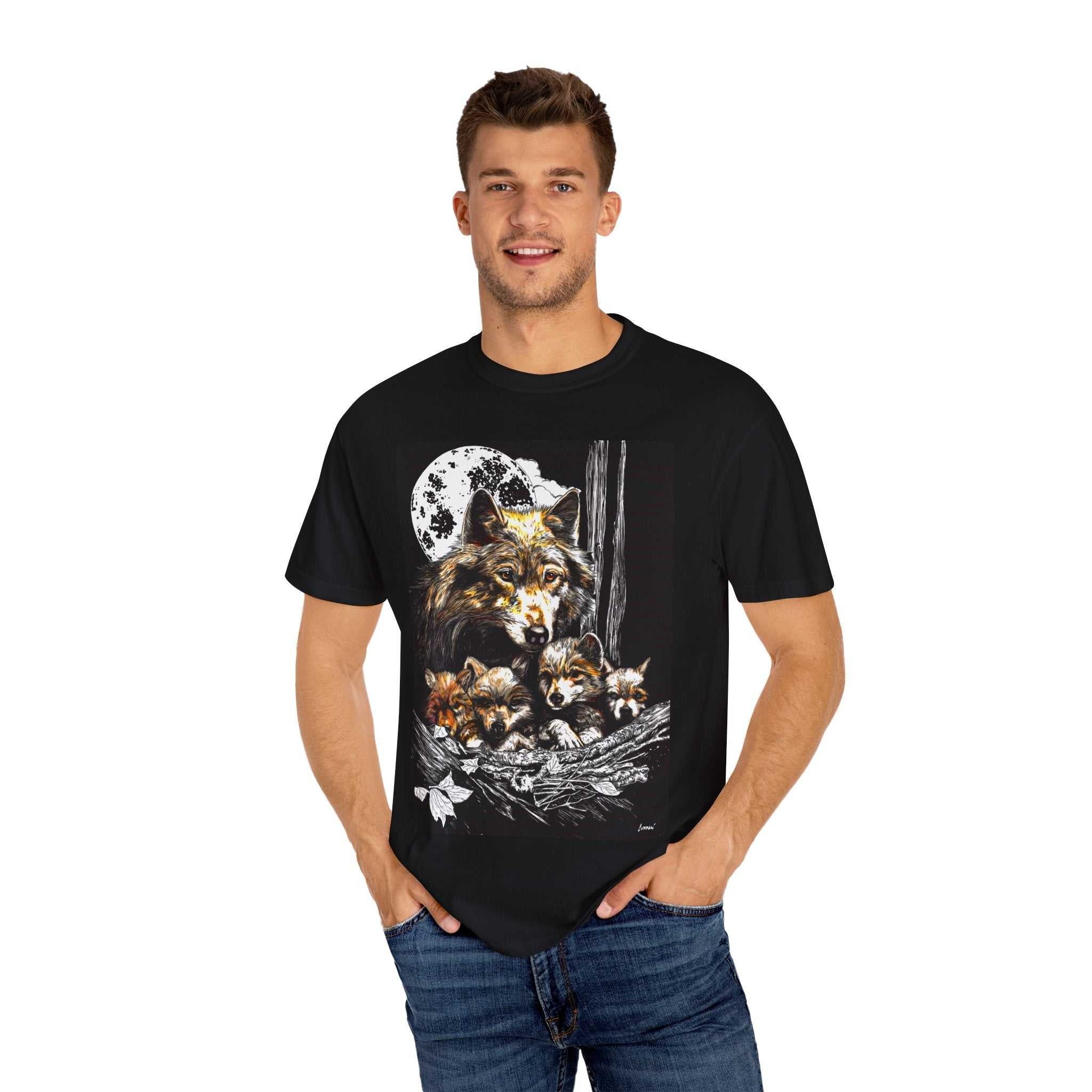 Experience nature inspired art with our exclusive Wolf Family Garment-Dyed T-Shirt - Nature Inspired Art. Stand out in style and connect with wildlife.