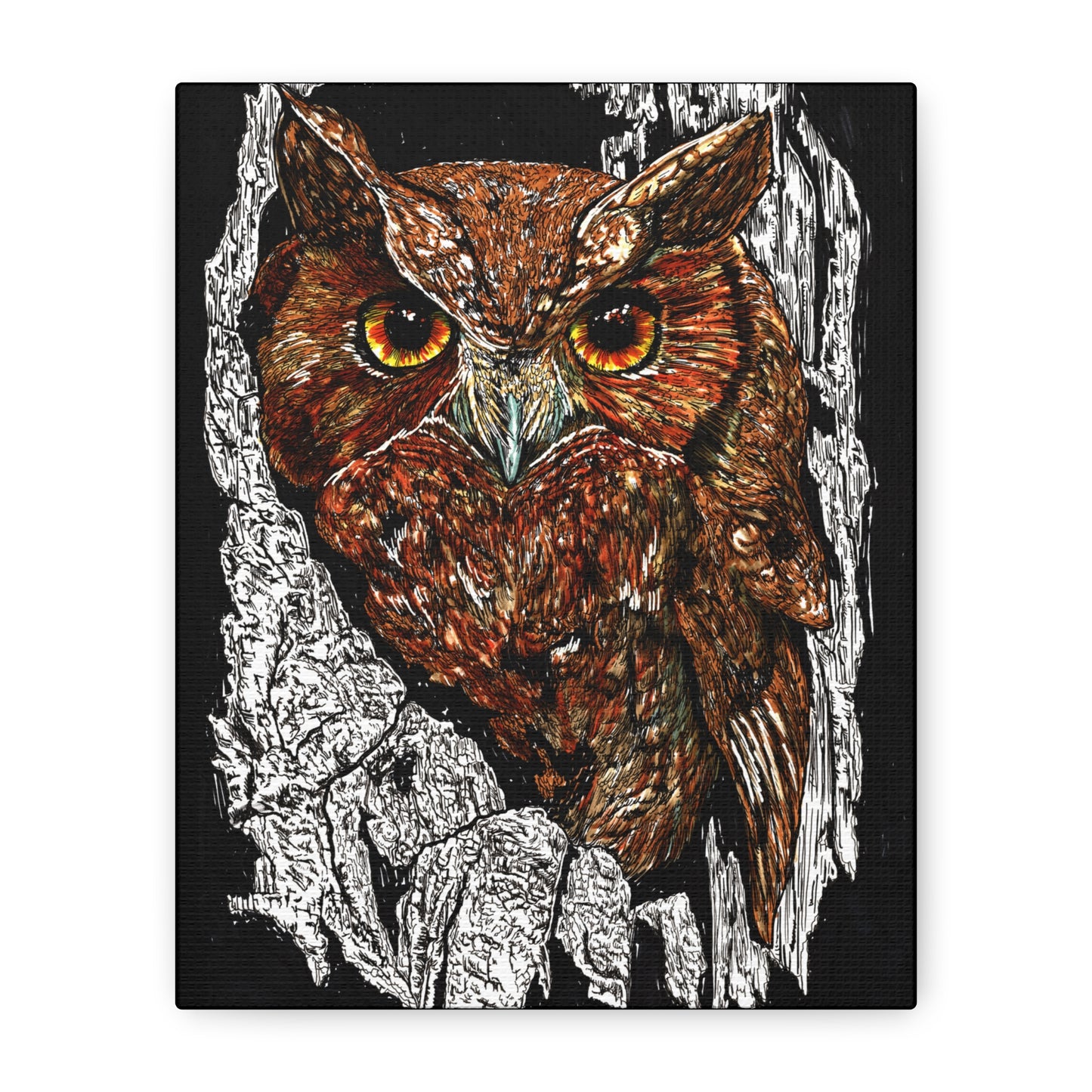 Owls in a Tree Wall Art Canvas Print of the Original, hand drawn wall art of an Owls in a Tree