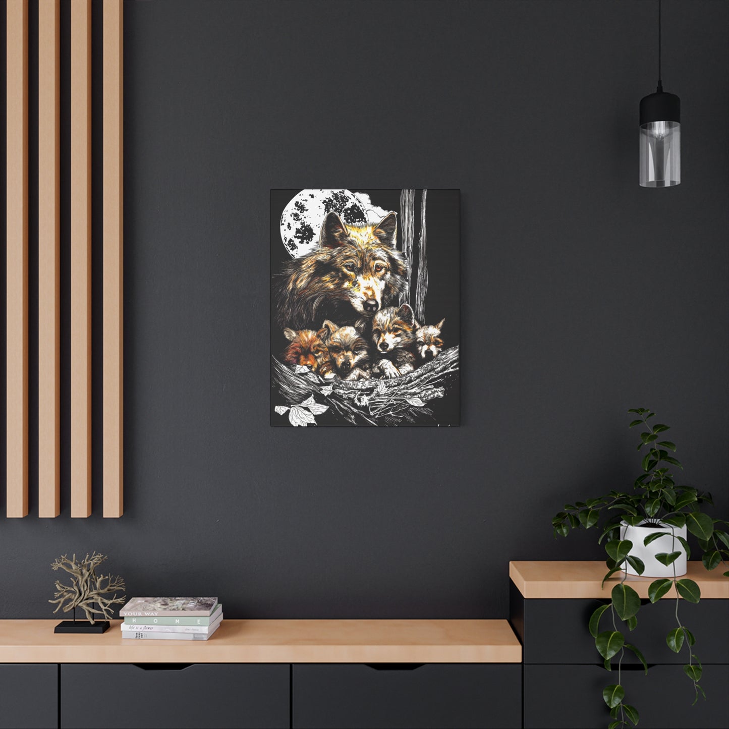 Wolf Wall Art, Wolf Print, Hand-Drawn Wolves, Wildlife Art, Wolf and Cubs, Nature Wall Decor, Animal Lover Gift, Woodland Art Printed on Matte Canvas, Stretched, 1.25"