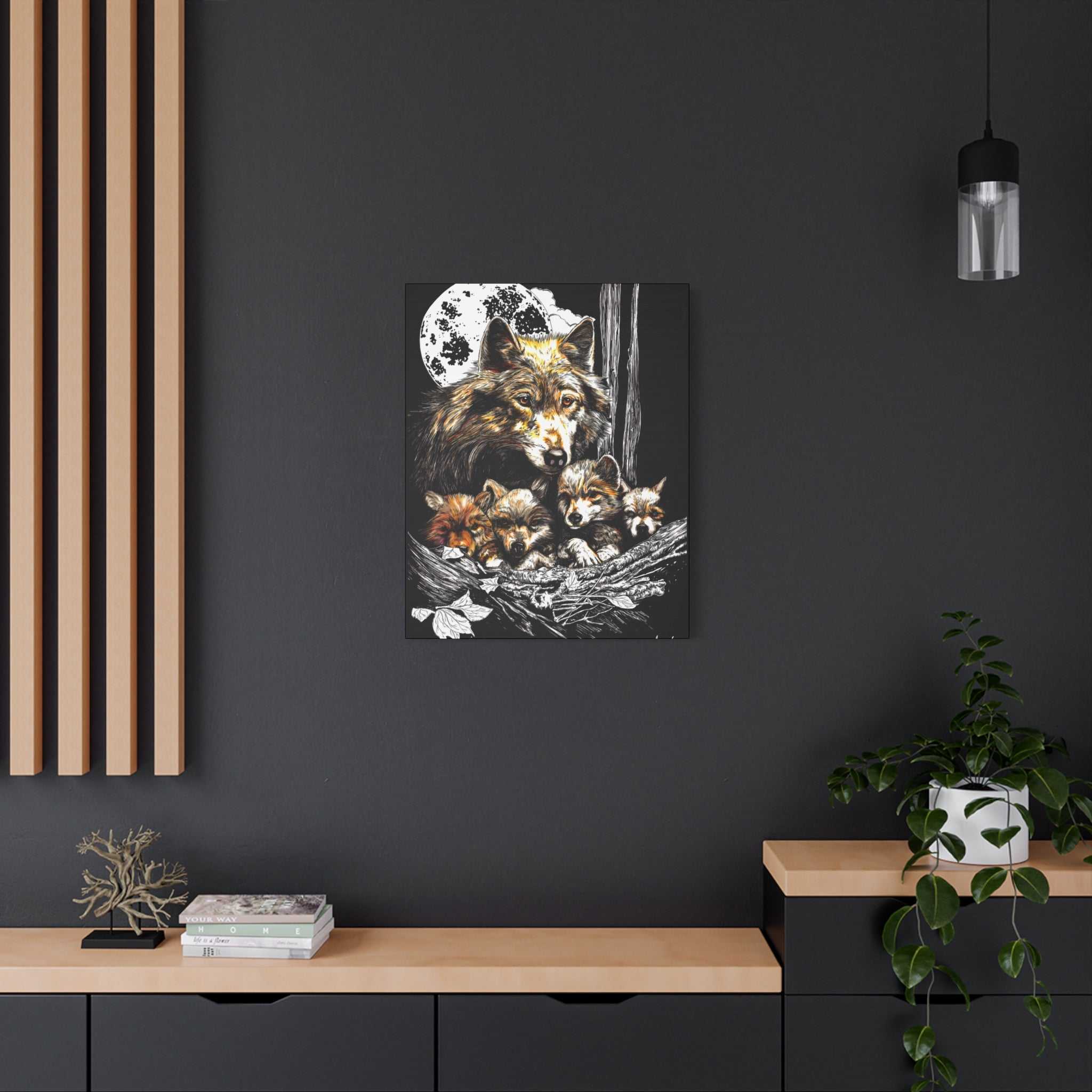 Wolf Wall Art, Wolf Print, Hand-Drawn Wolves, Wildlife Art, Wolf and Cubs, Nature Wall Decor, Animal Lover Gift, Woodland Art Printed on Matte Canvas,