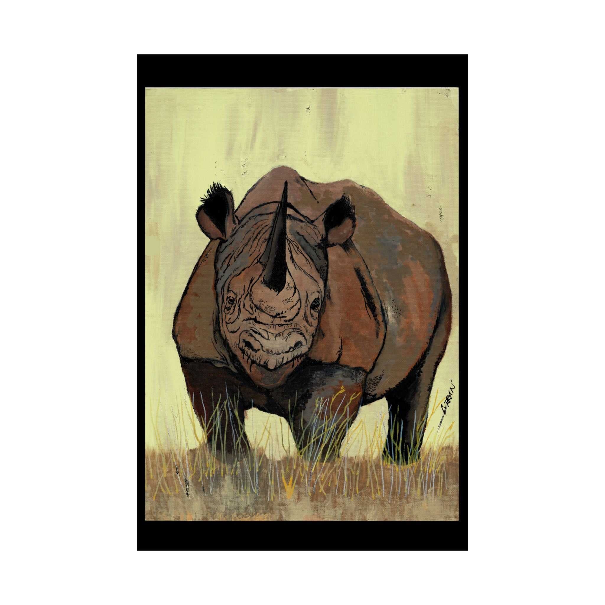 Discover the beauty of Rhino Wildlife Satin Poster - Majestic Rhino Art - Nature Decor - Majestic Rhino Art. Bring the wild into your home today!