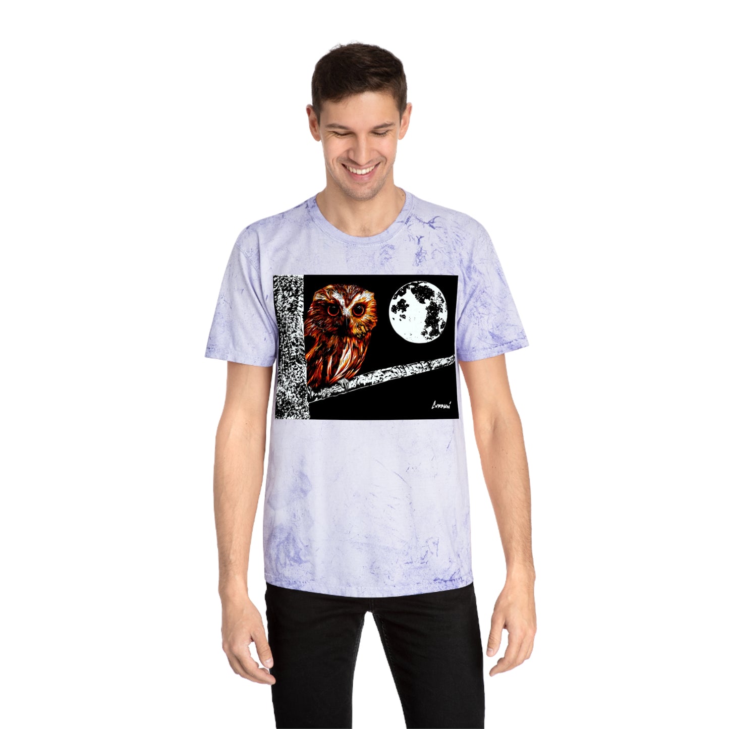 Owl on a Branch Color Blast T Shirt Original Hand Drawn Art