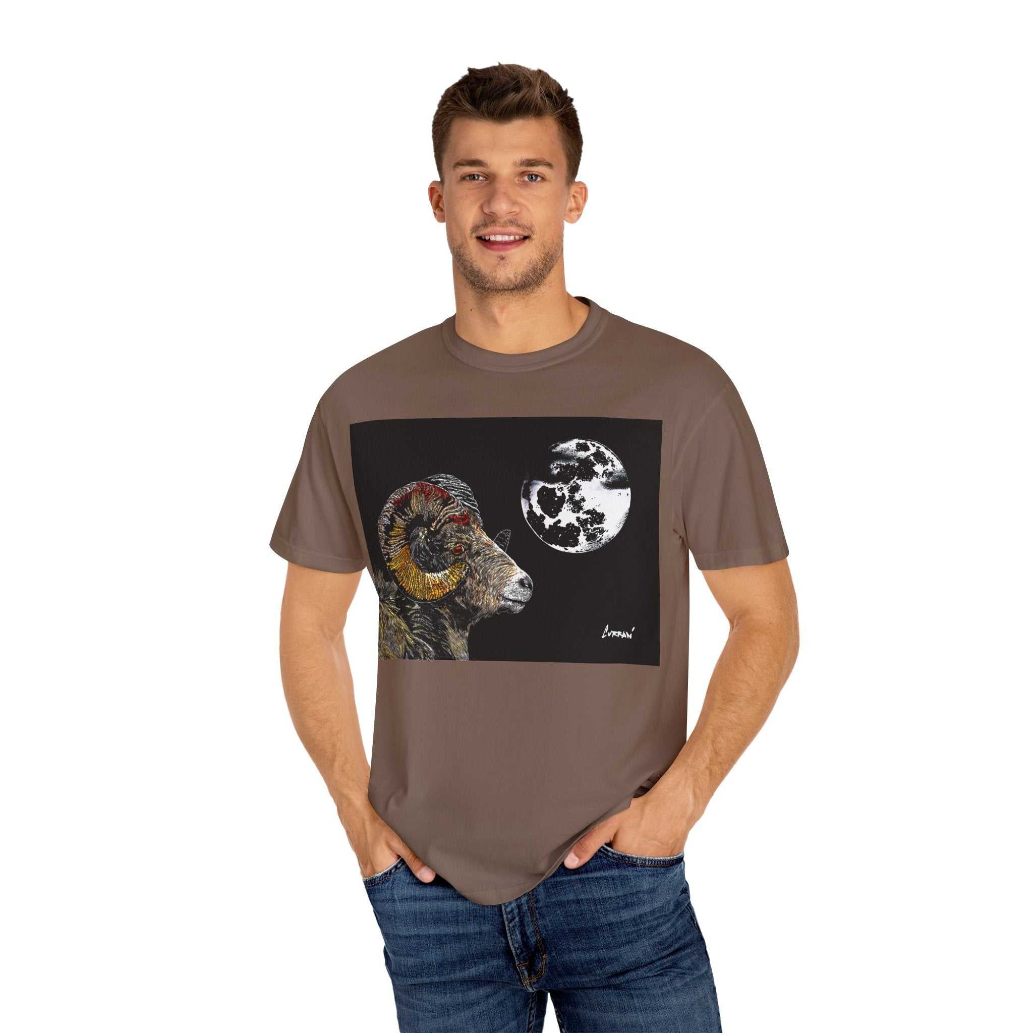 Elevate your style with our Mountain Ram and Moon Graphic Unisex T-Shirt, Nature-Inspired Artwear. Stand out with this unique piece now!