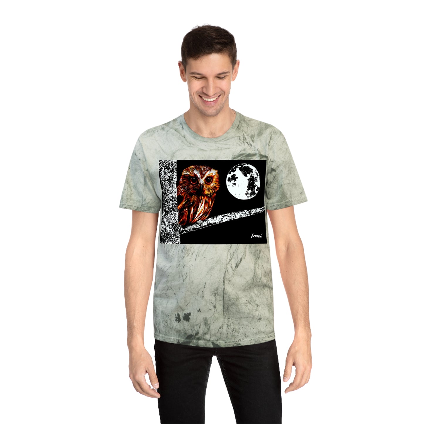 Owl on a Branch Color Blast T Shirt Original Hand Drawn Art