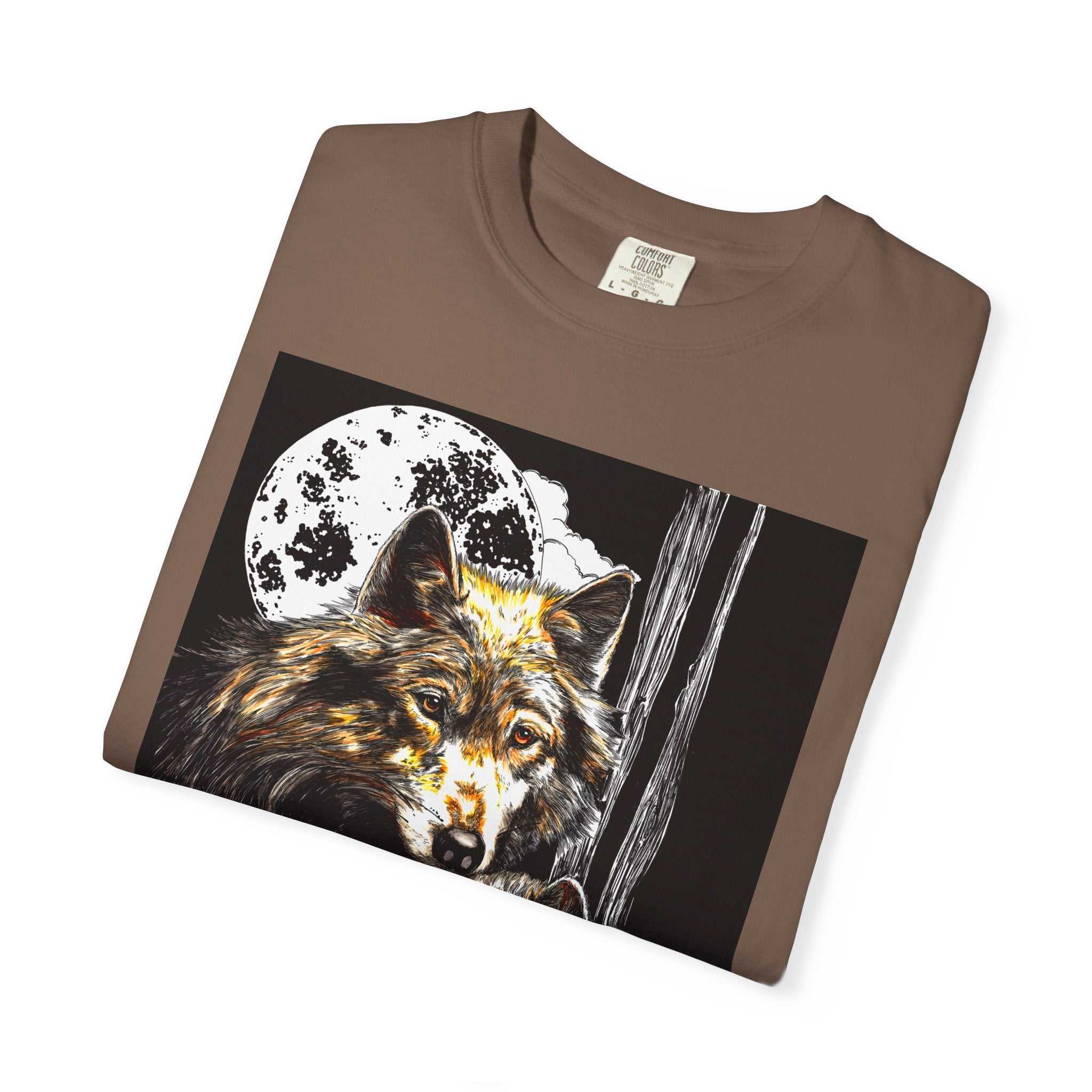 Experience nature inspired art with our exclusive Wolf Family Garment-Dyed T-Shirt - Nature Inspired Art. Stand out in style and connect with wildlife.