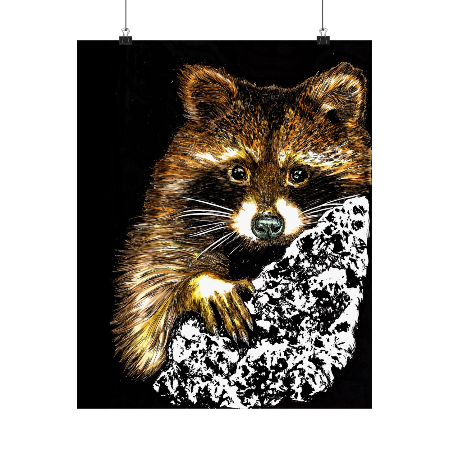 Raccoon Wildlife Satin Poster - Hand-Drawn Raccoon Art Print (300gsm)