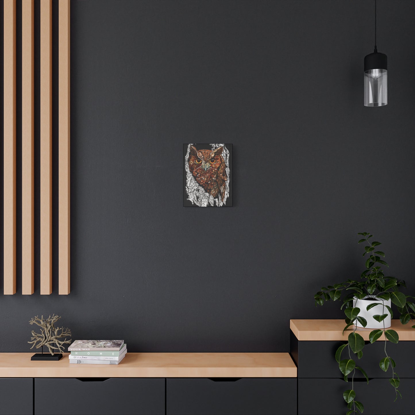 Owls in a Tree Wall Art Canvas Print of the Original, hand drawn wall art of an Owls in a Tree