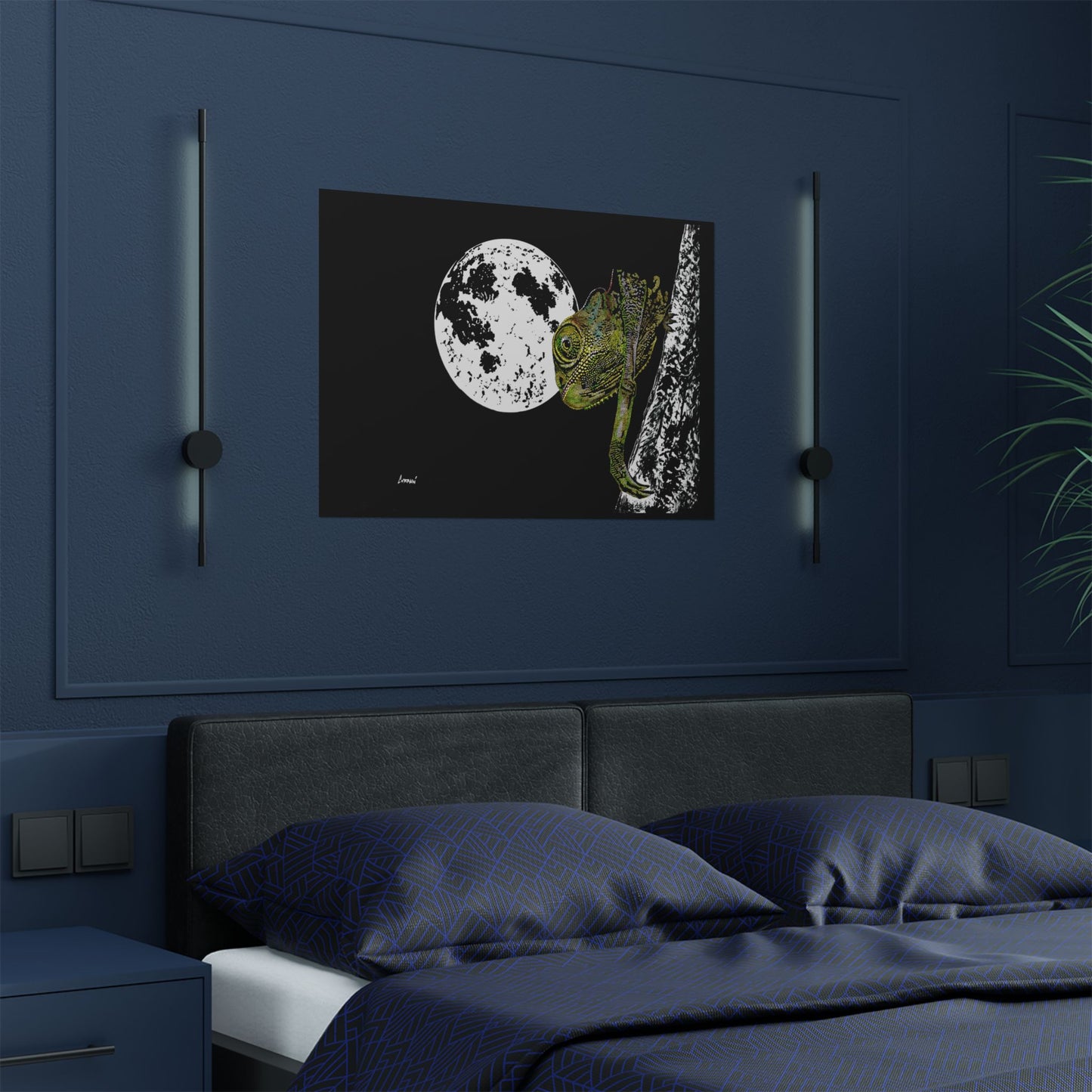Moonlit Chameleon Satin Poster - 300gsm Art Print for Unique Home Decor