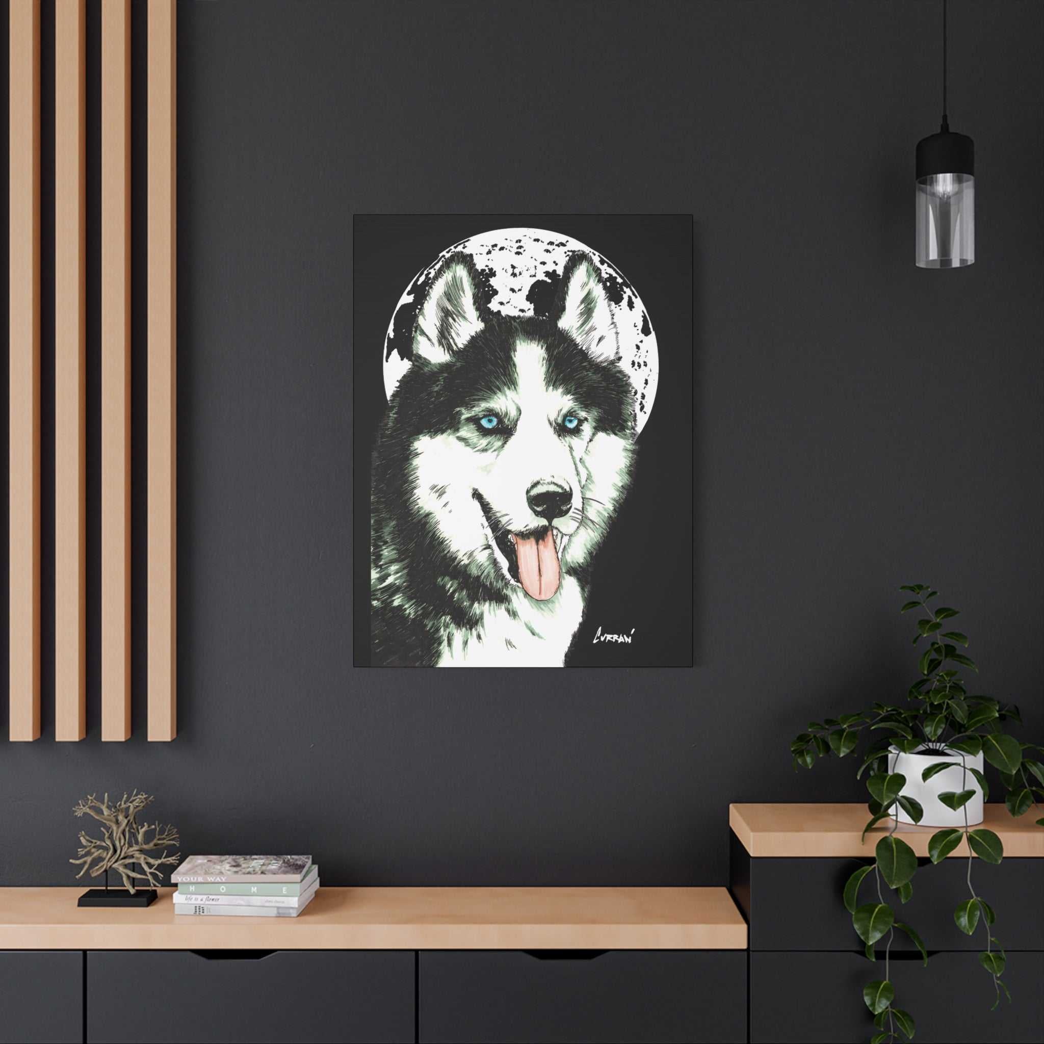 Transform your space with Siberian Husky Canvas Wall Art - Moonlit Dog Decor. Add a touch of mystery and beauty to your walls today!