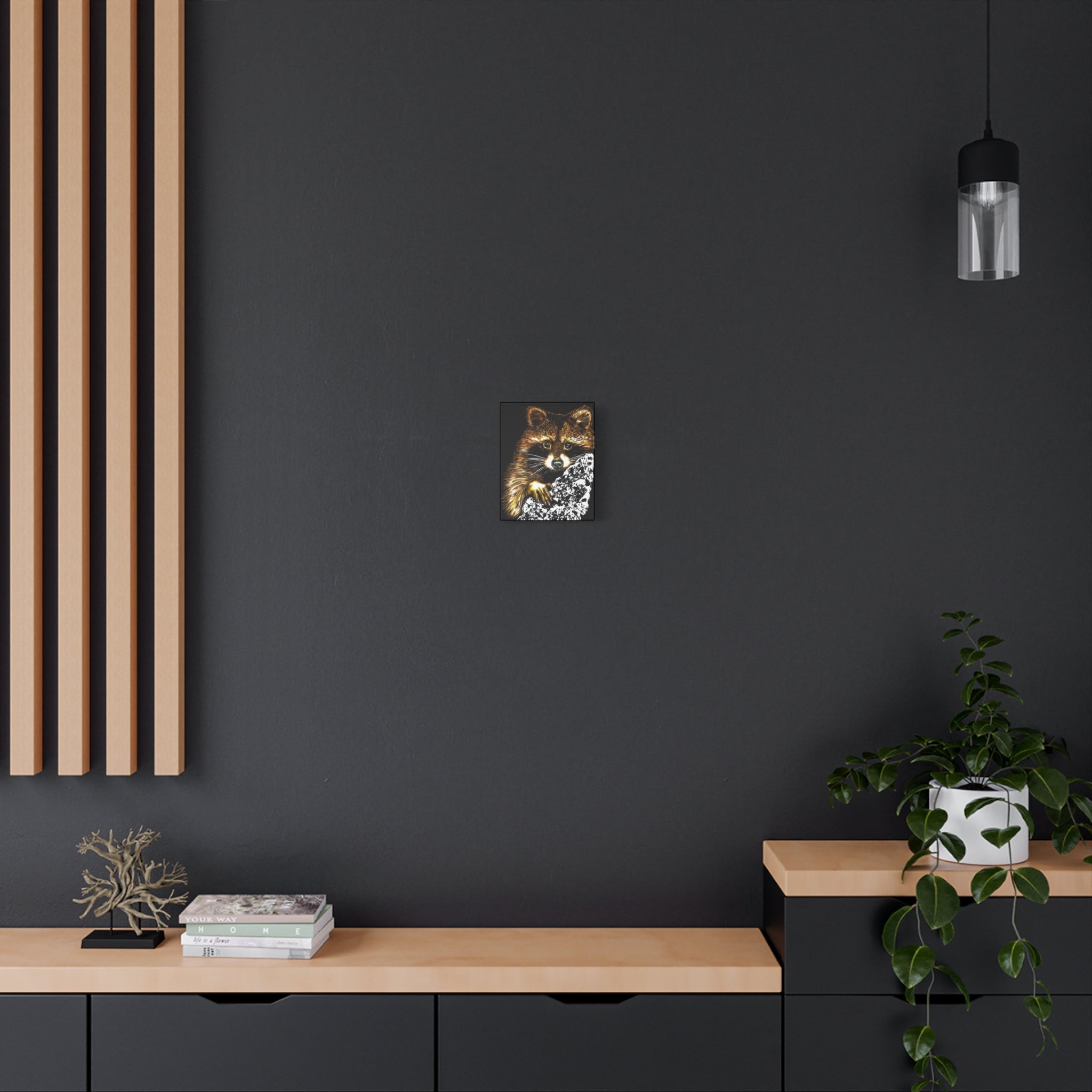 Raccoon in Tree Wall Art Canvas Print of the Original, hand drawn animal wall art poster of a Raccoon in a Tree by artist Kris Curran at Curran Artworks.