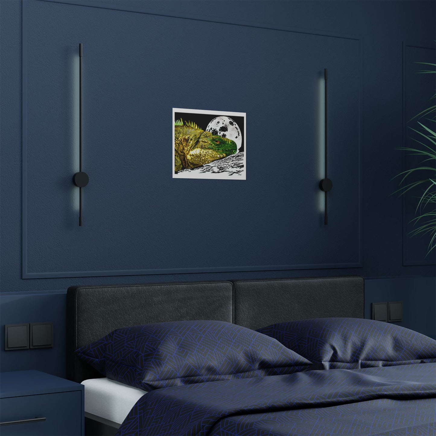Vibrant Iguana Satin Poster - Moonlit Art Print for Nature Lovers