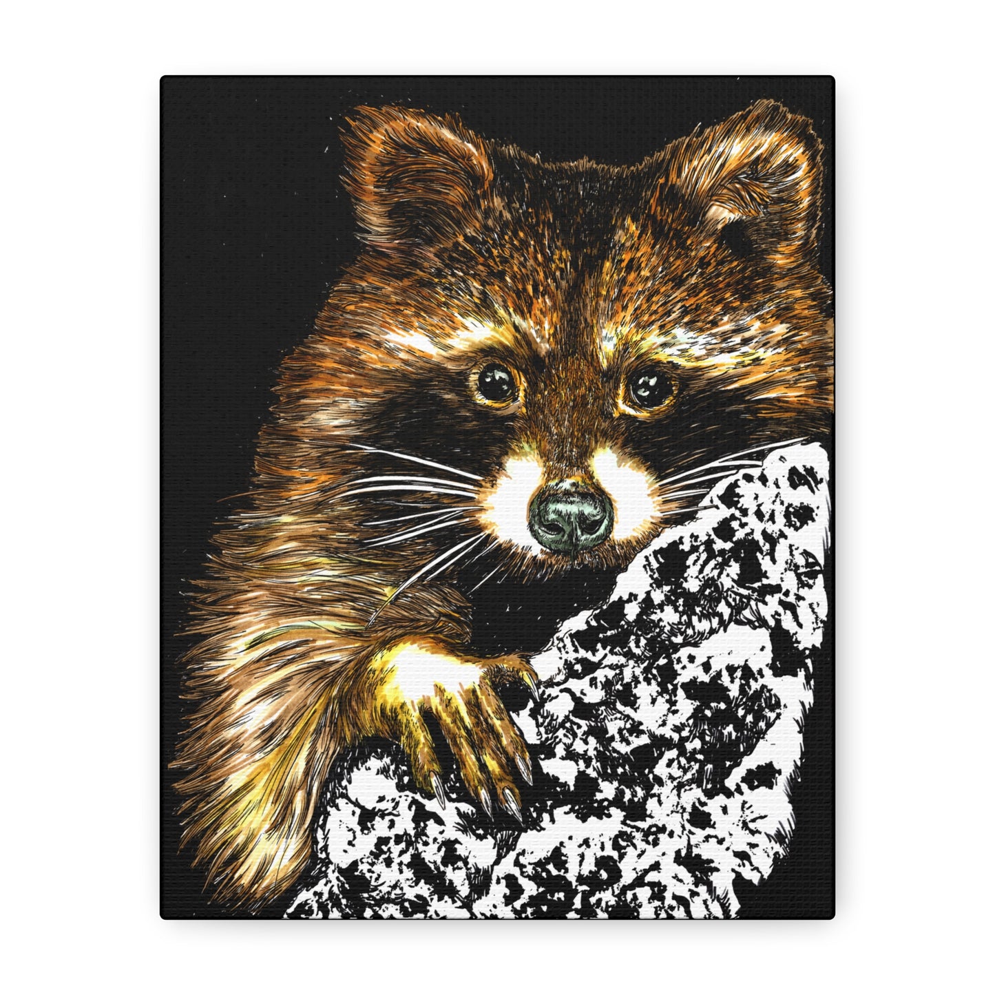 Raccoon in Tree Wall Art Canvas Print of the Original, hand drawn wall art of a Raccoon in a Tree