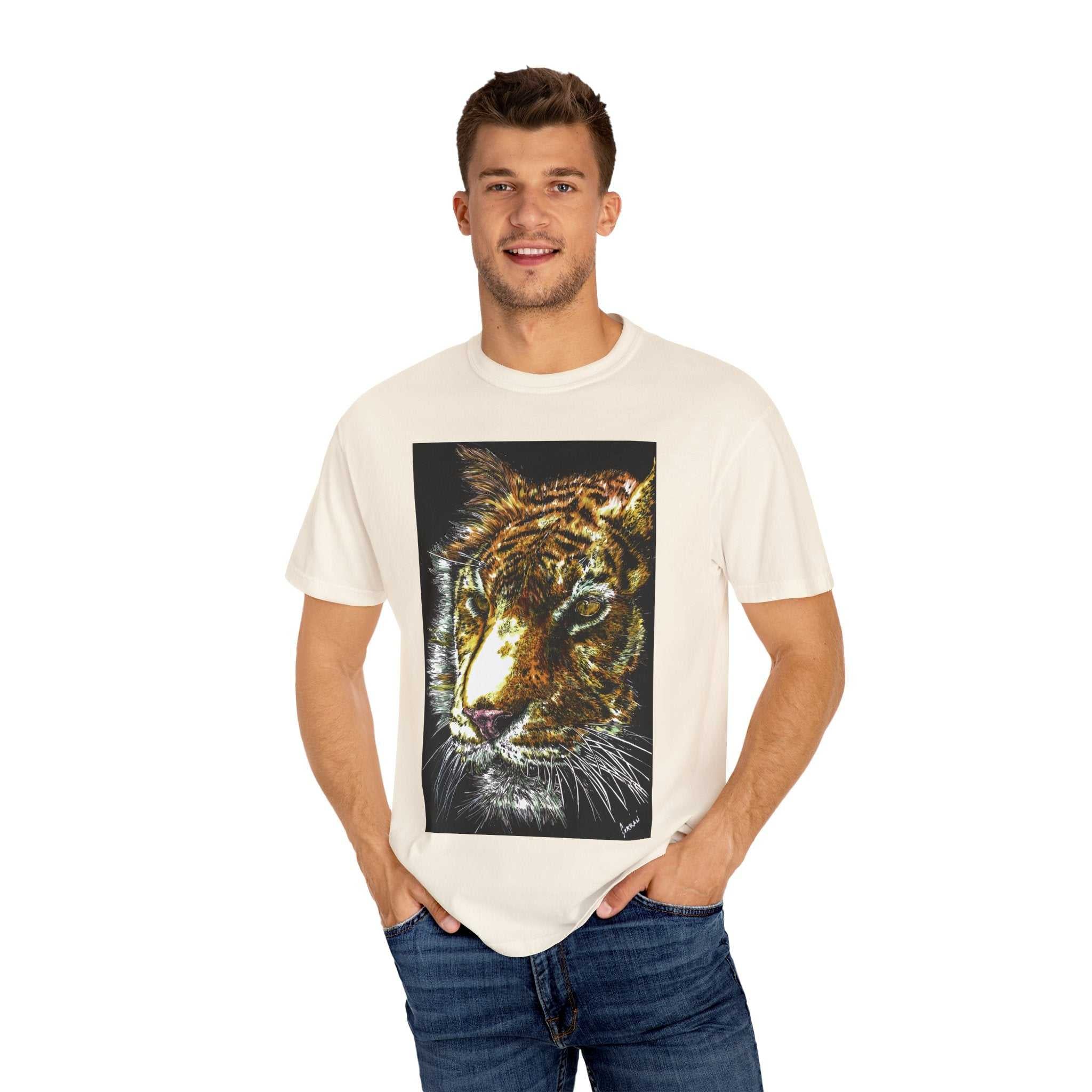 Discover your wild side with our Tiger Art T-Shirt - Vibrant Animal Print - Nature Lover's Apparel featuring the original hand drawn art. Stand out in style!