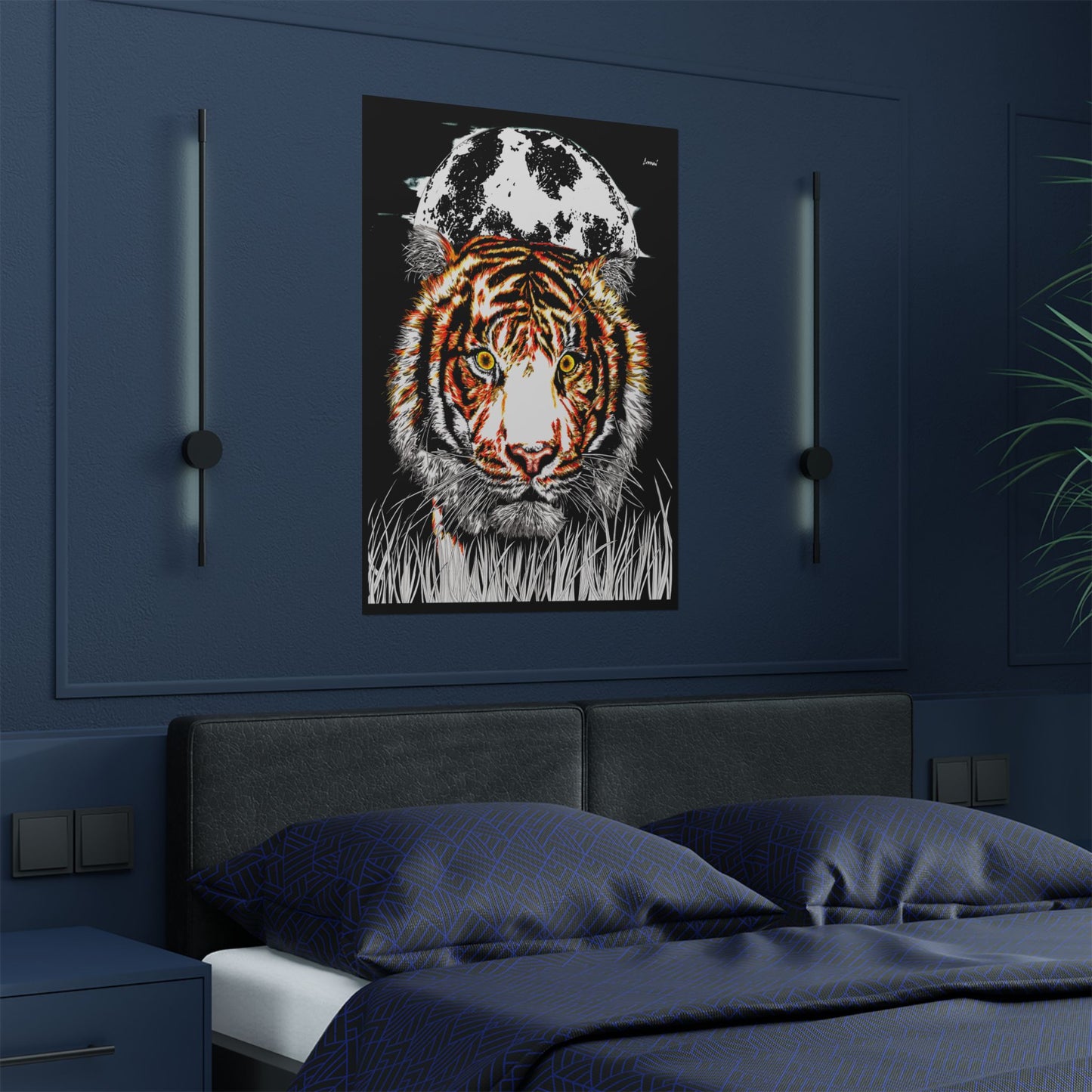 Majestic Tiger Satin Poster - 300gsm Art Print with Moon Design