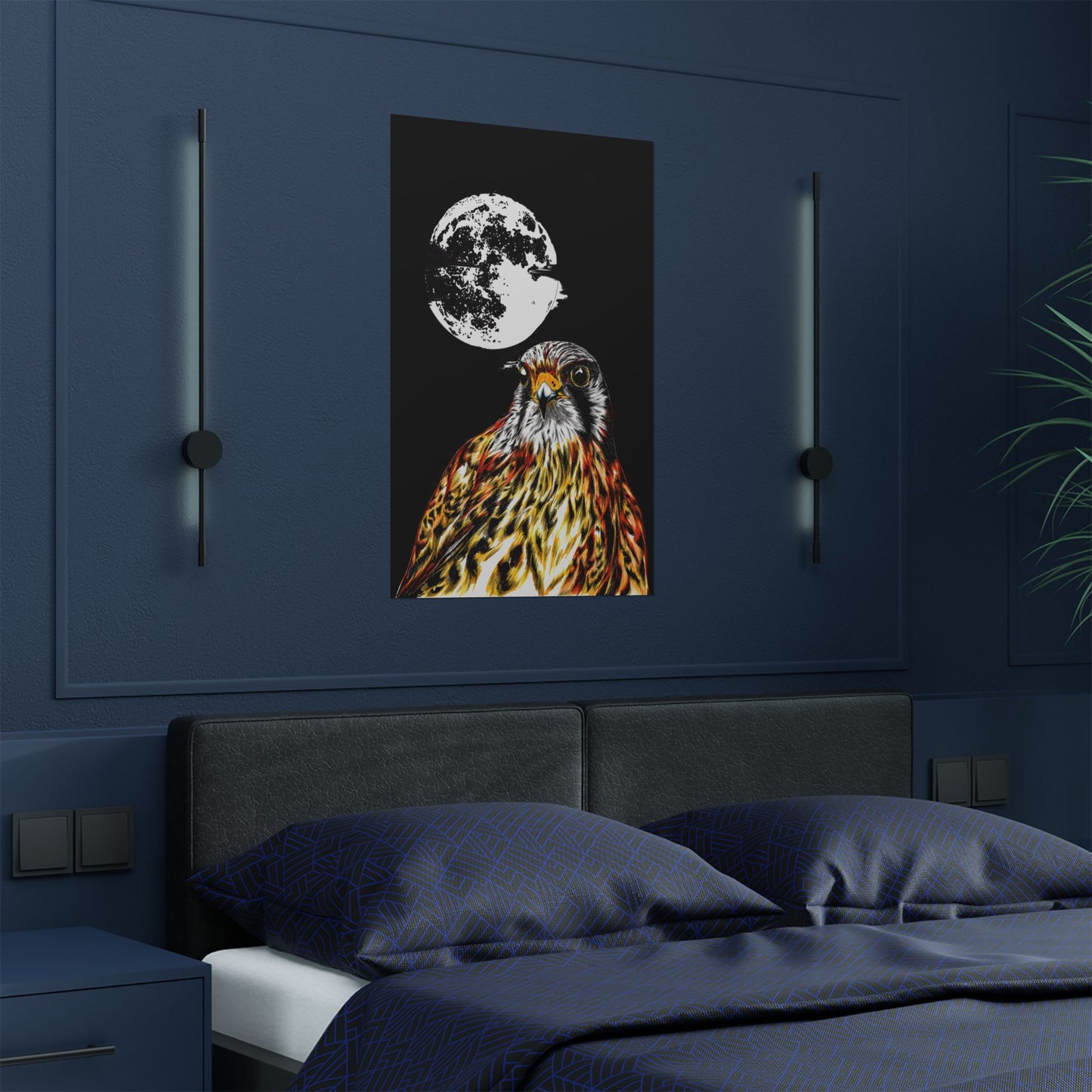 Wildlife Satin Poster - Majestic Falcon with Moon Design