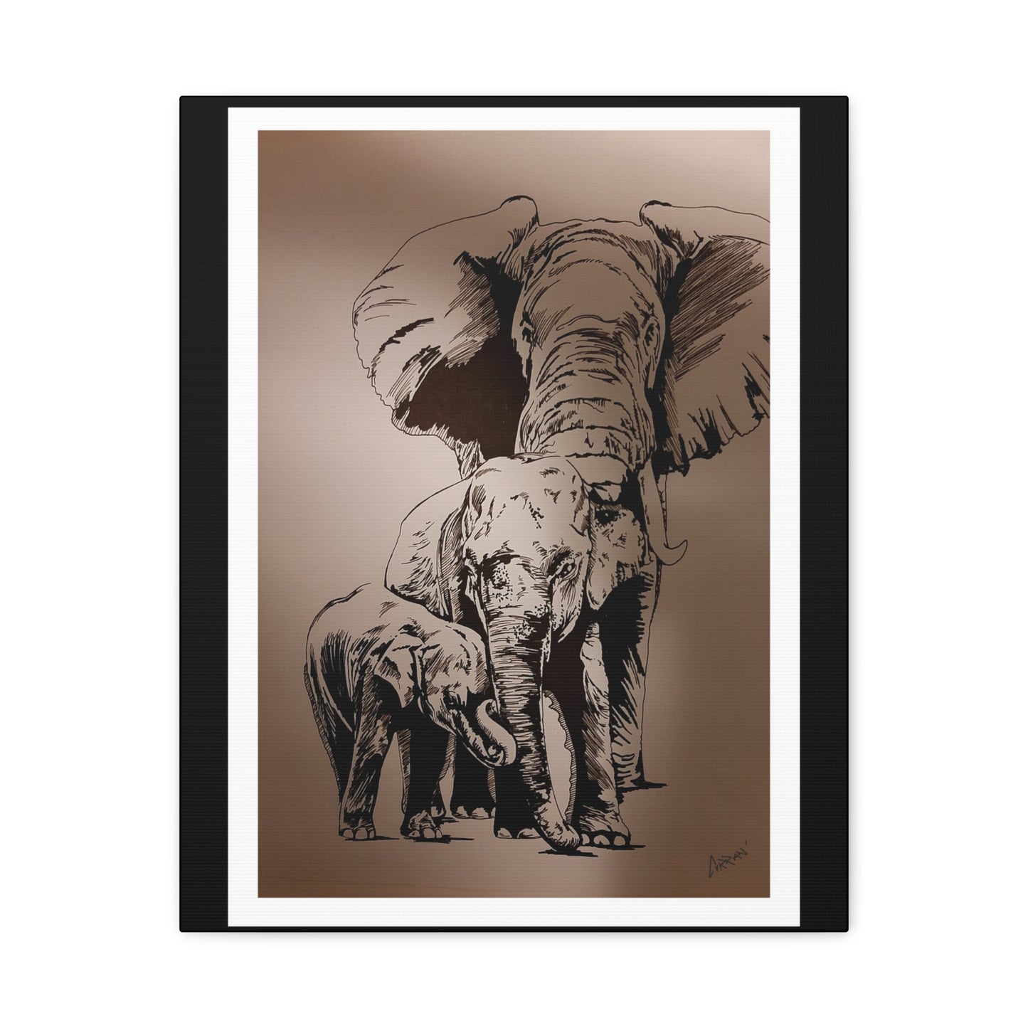 Title: Elephant Family Wall Art, Elephant Print, Wildlife Art, Hand-Drawn Elephant, Safari Wall Decor, Animal Lover Gift, Nature Art. Printed on Matte Canvas, Stretched, 1.25"