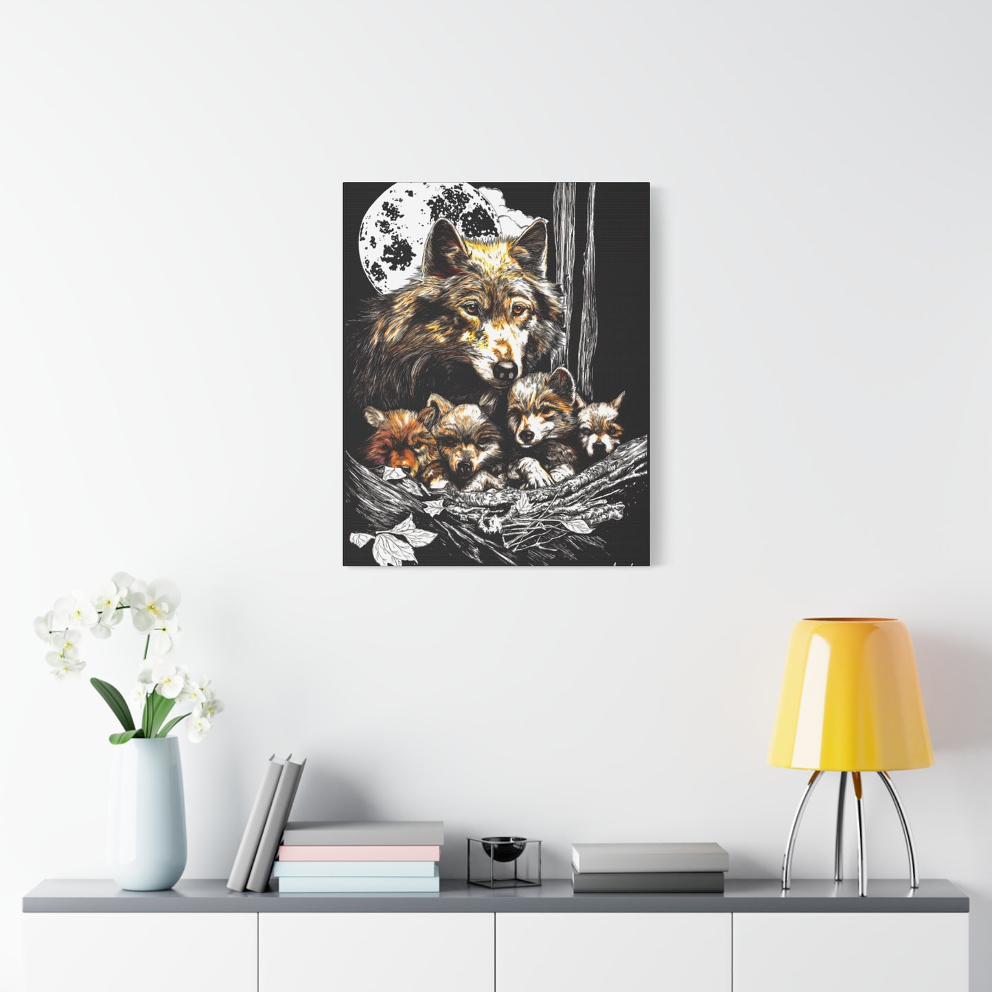 Wolf Wall Art, Wolf Print, Hand-Drawn Wolves, Wildlife Art, Wolf and Cubs, Nature Wall Decor, Animal Lover Gift, Woodland Art Printed on Matte Canvas, Stretched, 1.25"