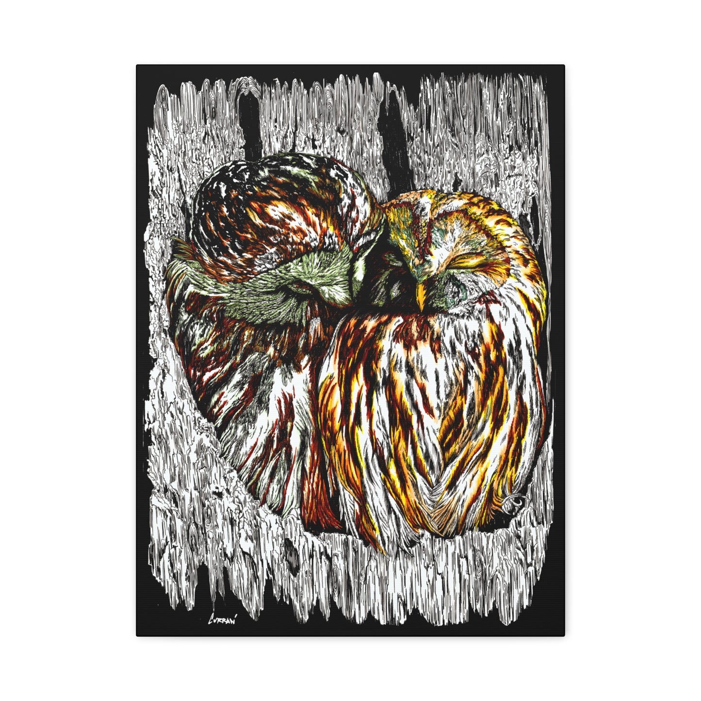 Owl Wall Art, Owl Print, Hand-Drawn Owls, Wildlife Art, Birds in Tree, Nature Wall Decor, Owl Lovers Gift, Woodland Art. Printed on Matte Canvas, Stretched, 1.25"