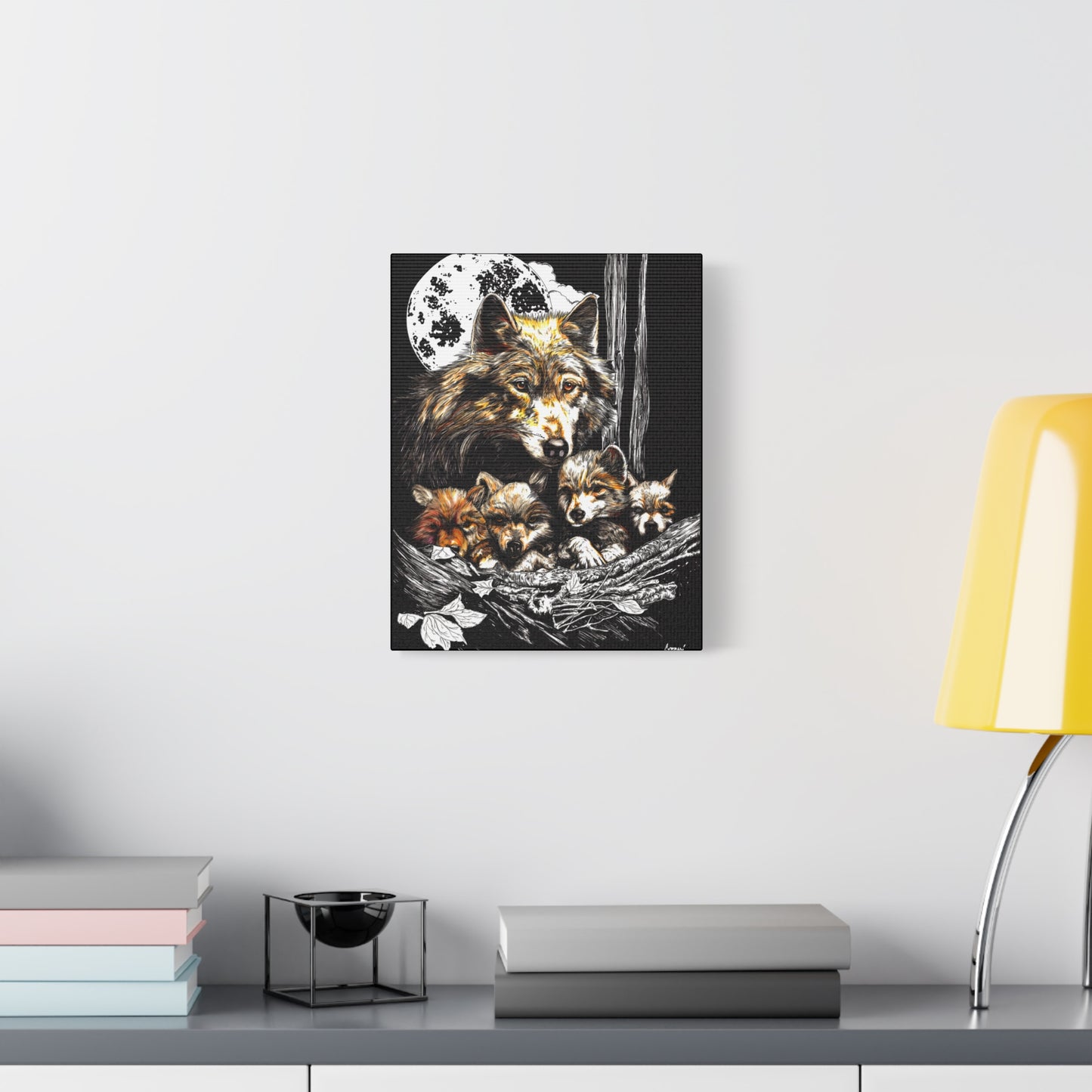Wolf Wall Art, Wolf Print, Hand-Drawn Wolves, Wildlife Art, Wolf and Cubs, Nature Wall Decor, Animal Lover Gift, Woodland Art Printed on Matte Canvas, Stretched, 1.25"