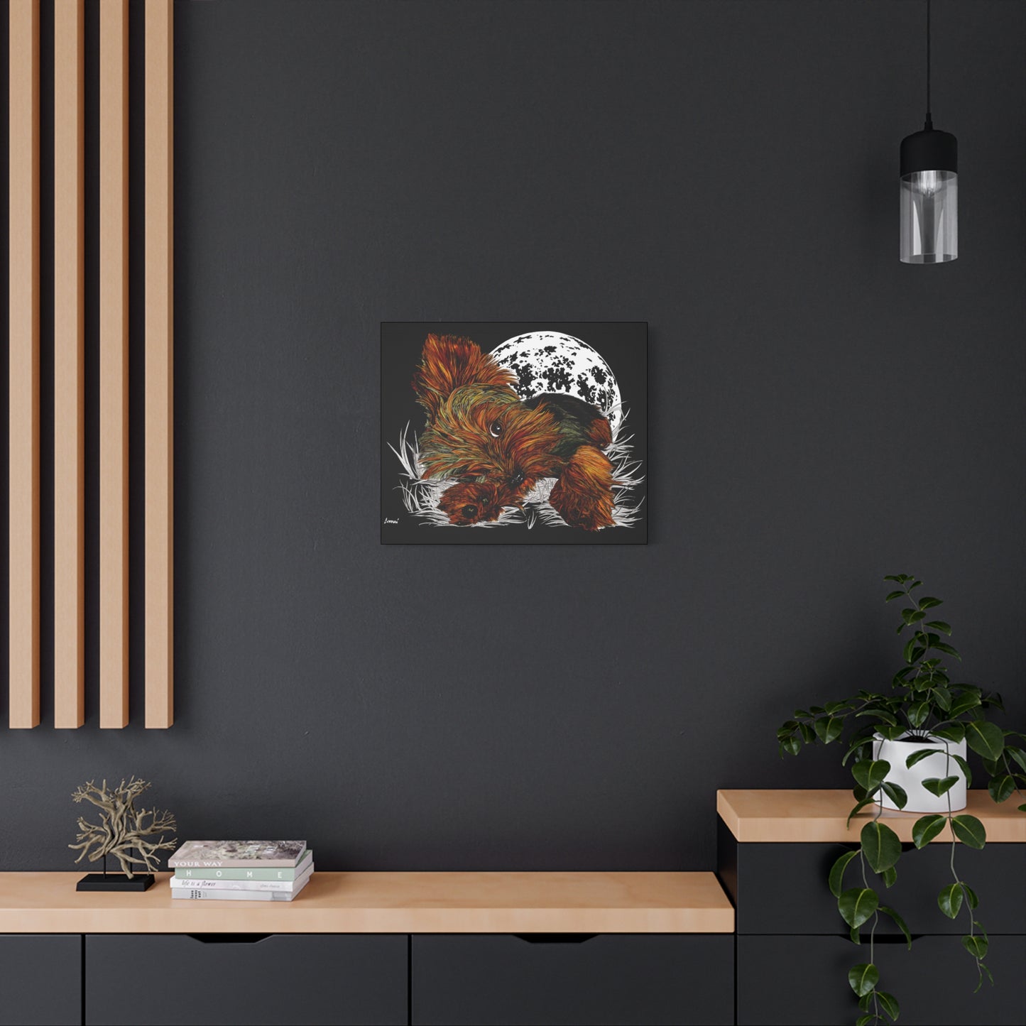 Yorkie Terrier Canvas Print - Cozy Yorkie with Moon Design