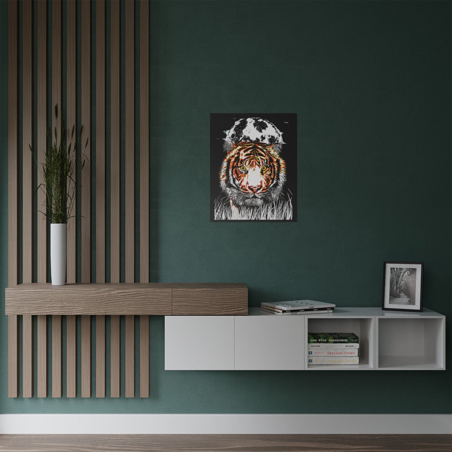 Majestic Tiger Satin Poster - 300gsm Art Print with Moon Design