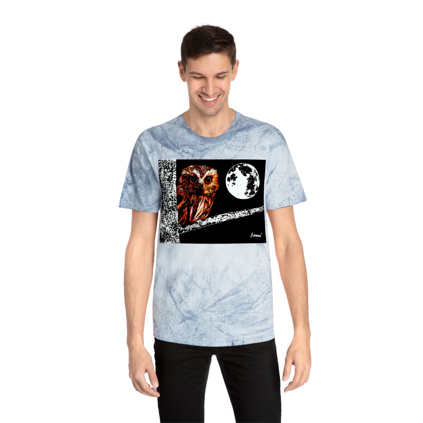 Owl on a Branch Color Blast T Shirt Original Hand Drawn Art
