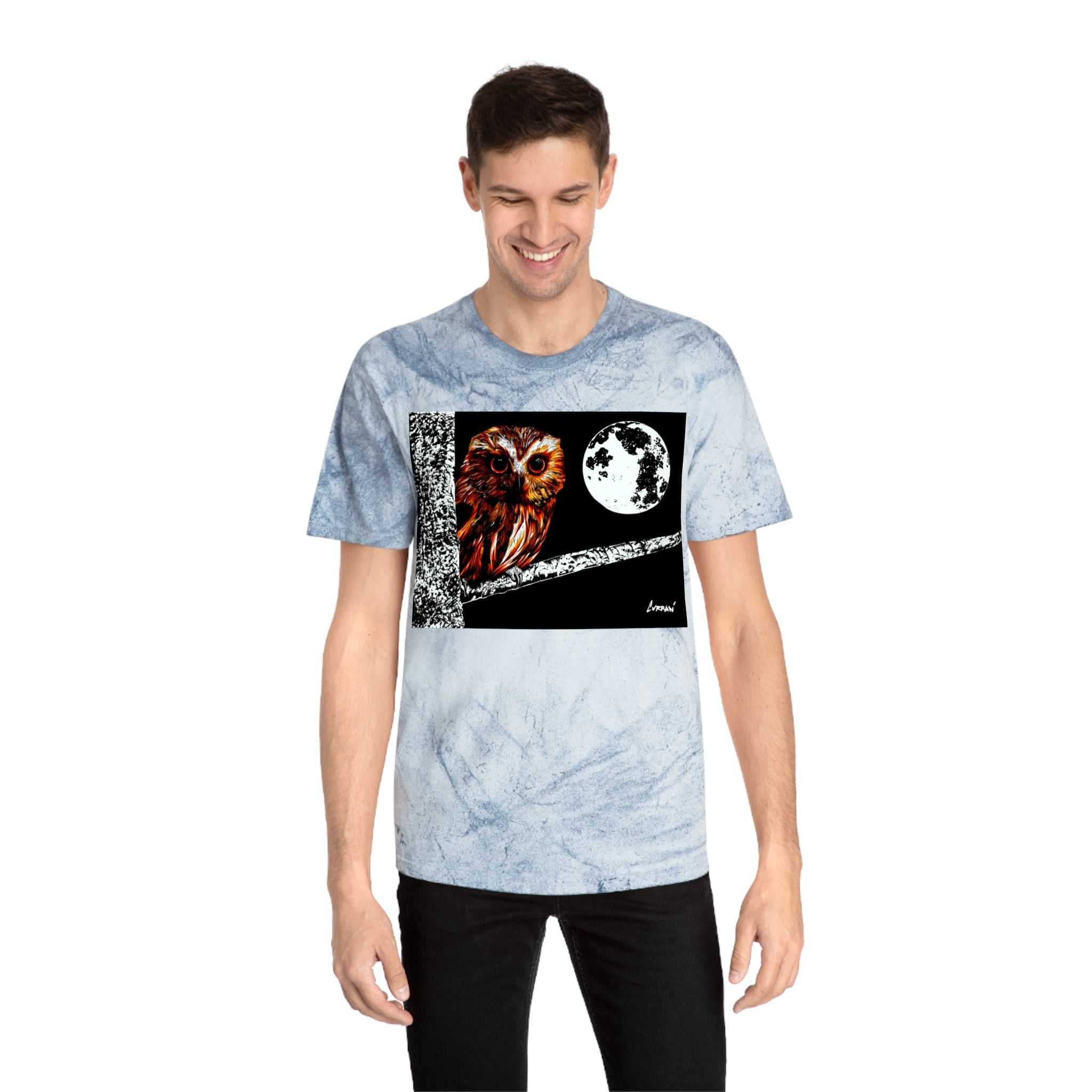 Owl on a Branch Color Blast T Shirt Original Hand Drawn Art