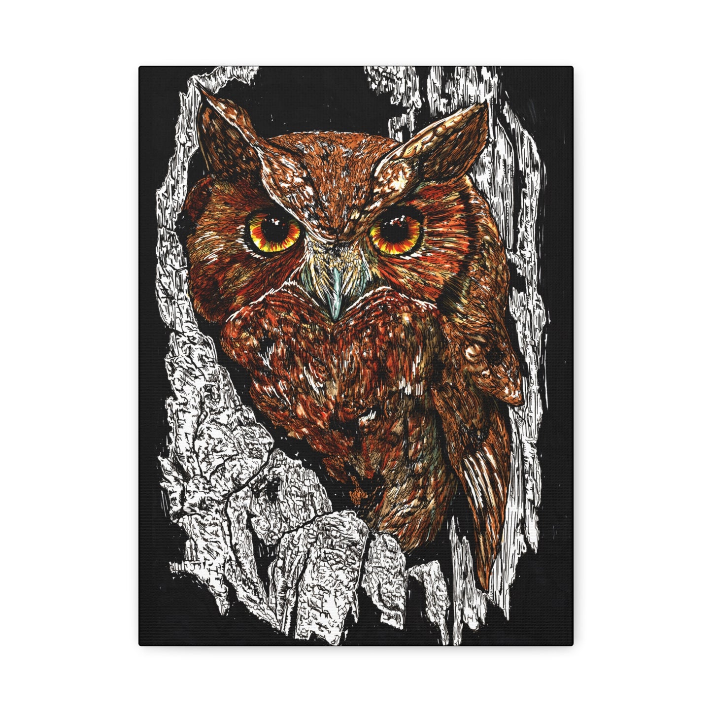 Owls in a Tree Wall Art Canvas Print of the Original, hand drawn wall art of an Owls in a Tree