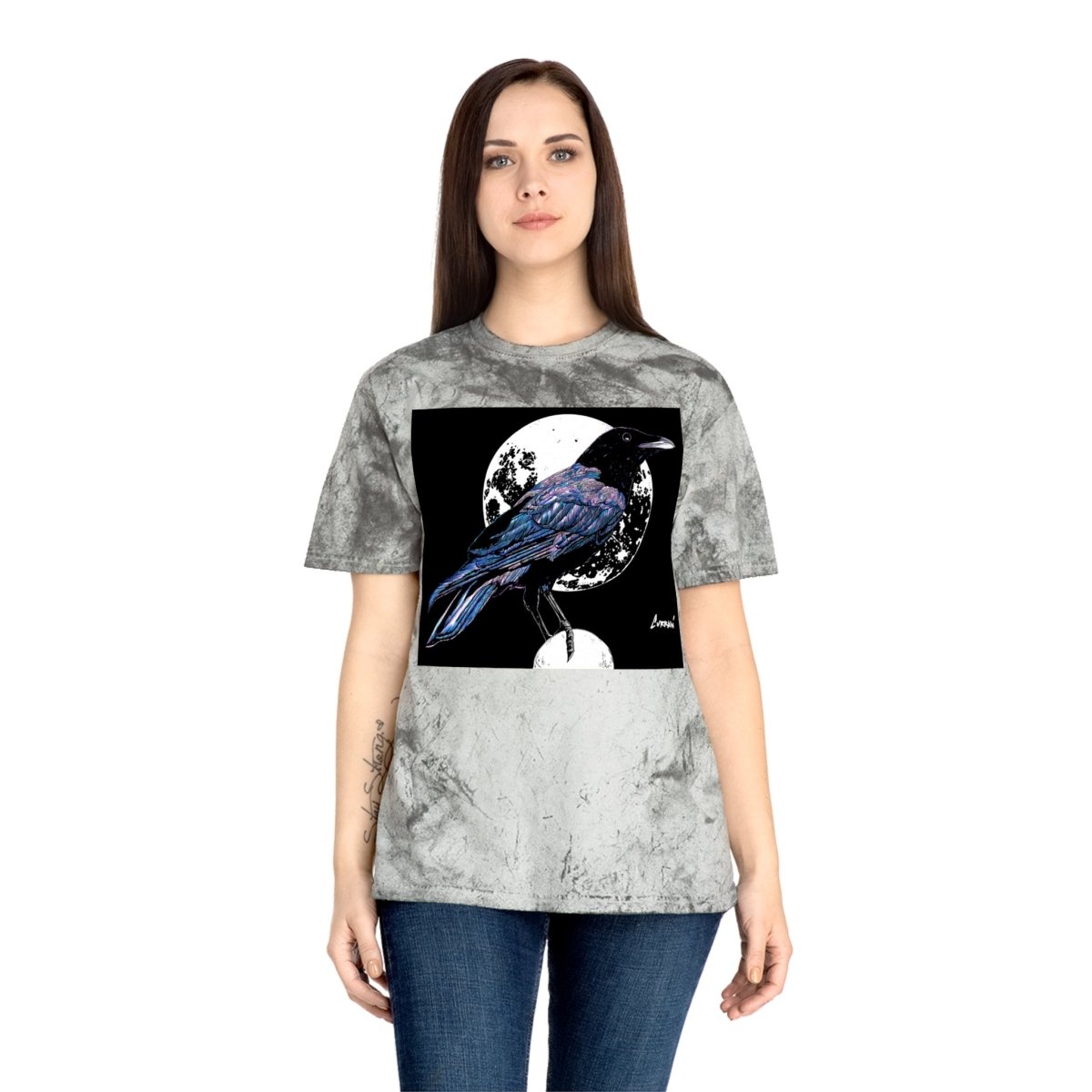 Artistic Crow Design Unisex Color Blast T-Shirt - on Vivid Tie - Dye Background - Curran Artworks