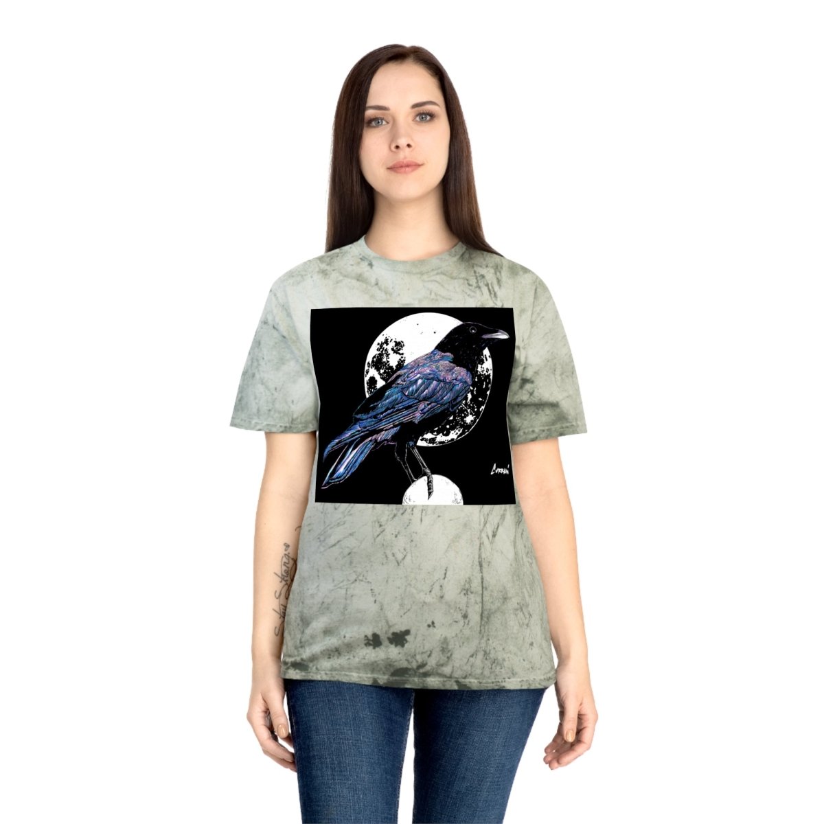 Artistic Crow Design Unisex Color Blast T-Shirt - on Vivid Tie - Dye Background - Curran Artworks
