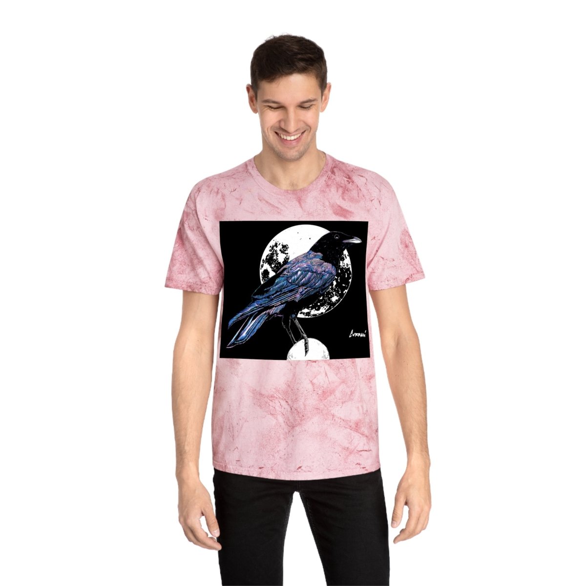 Artistic Crow Design Unisex Color Blast T-Shirt - on Vivid Tie - Dye Background - Curran Artworks