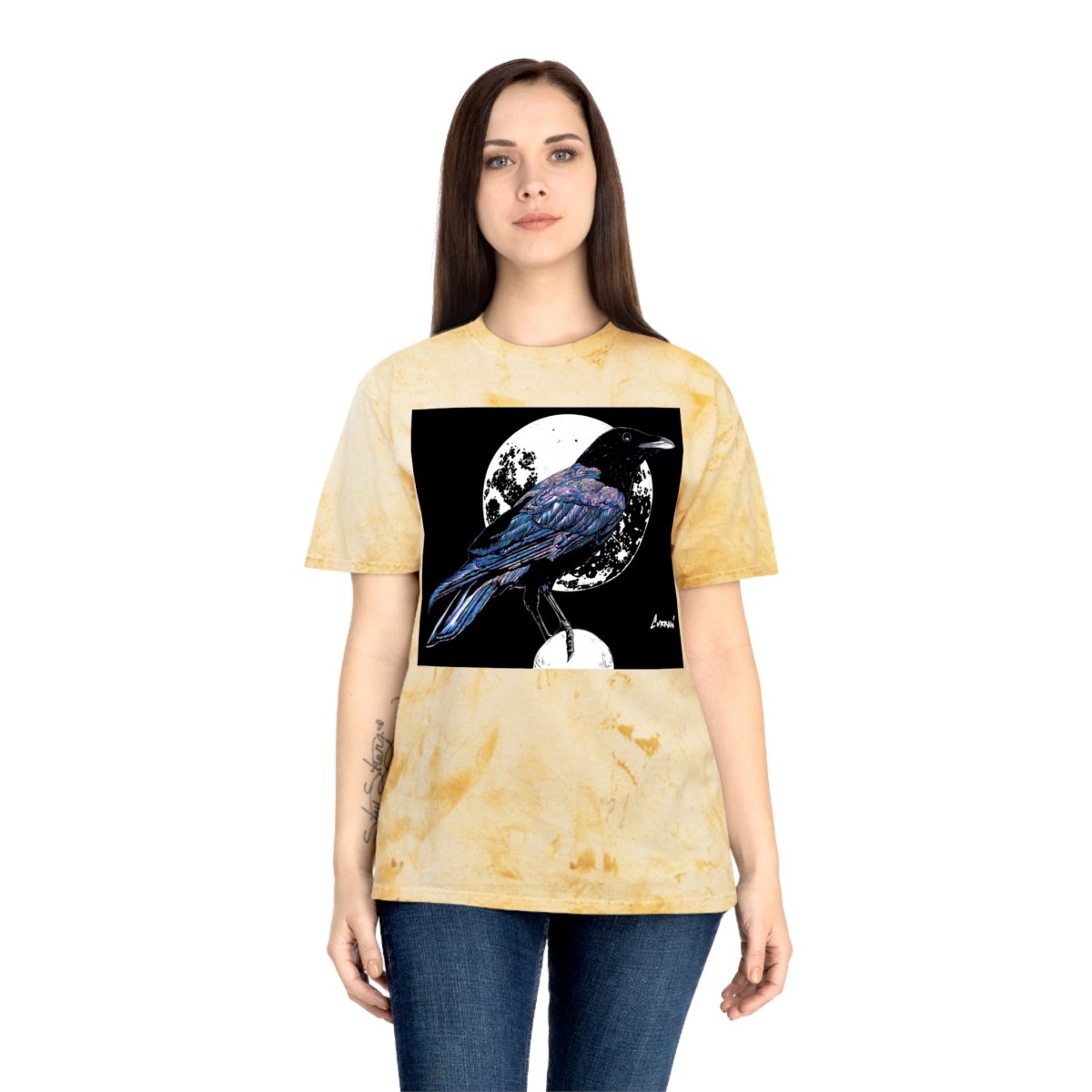 Artistic Crow Design Unisex Color Blast T-Shirt - on Vivid Tie - Dye Background - Curran Artworks