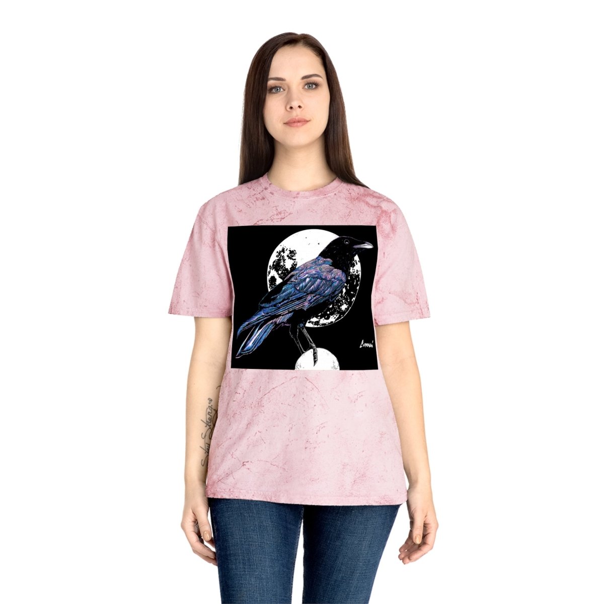 Artistic Crow Design Unisex Color Blast T-Shirt - on Vivid Tie - Dye Background - Curran Artworks