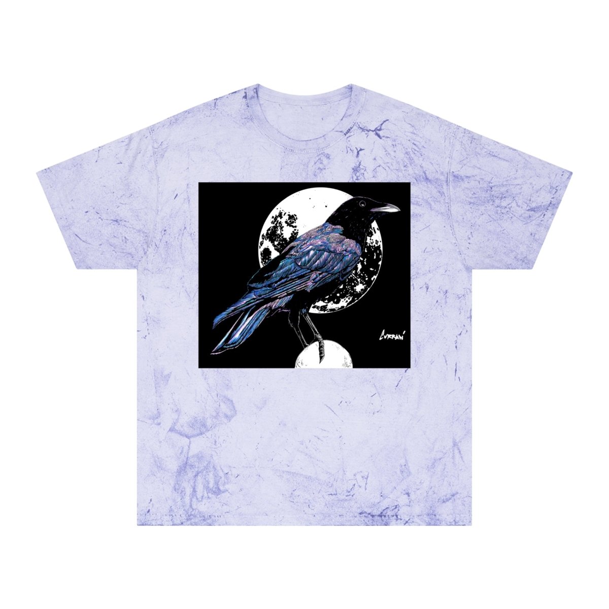 Artistic Crow Design Unisex Color Blast T-Shirt - on Vivid Tie - Dye Background - Curran Artworks