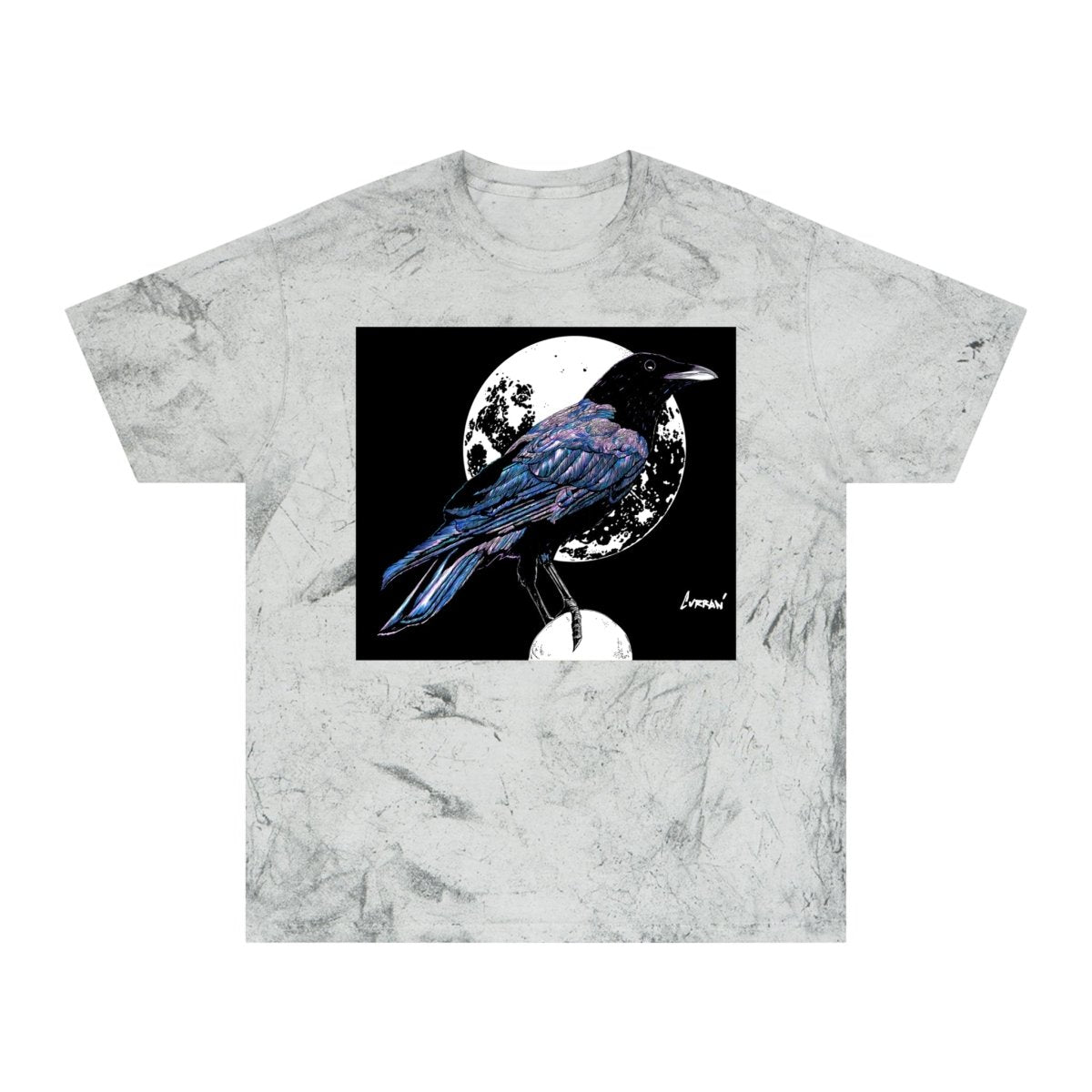 Artistic Crow Design Unisex Color Blast T-Shirt - on Vivid Tie - Dye Background - Curran Artworks