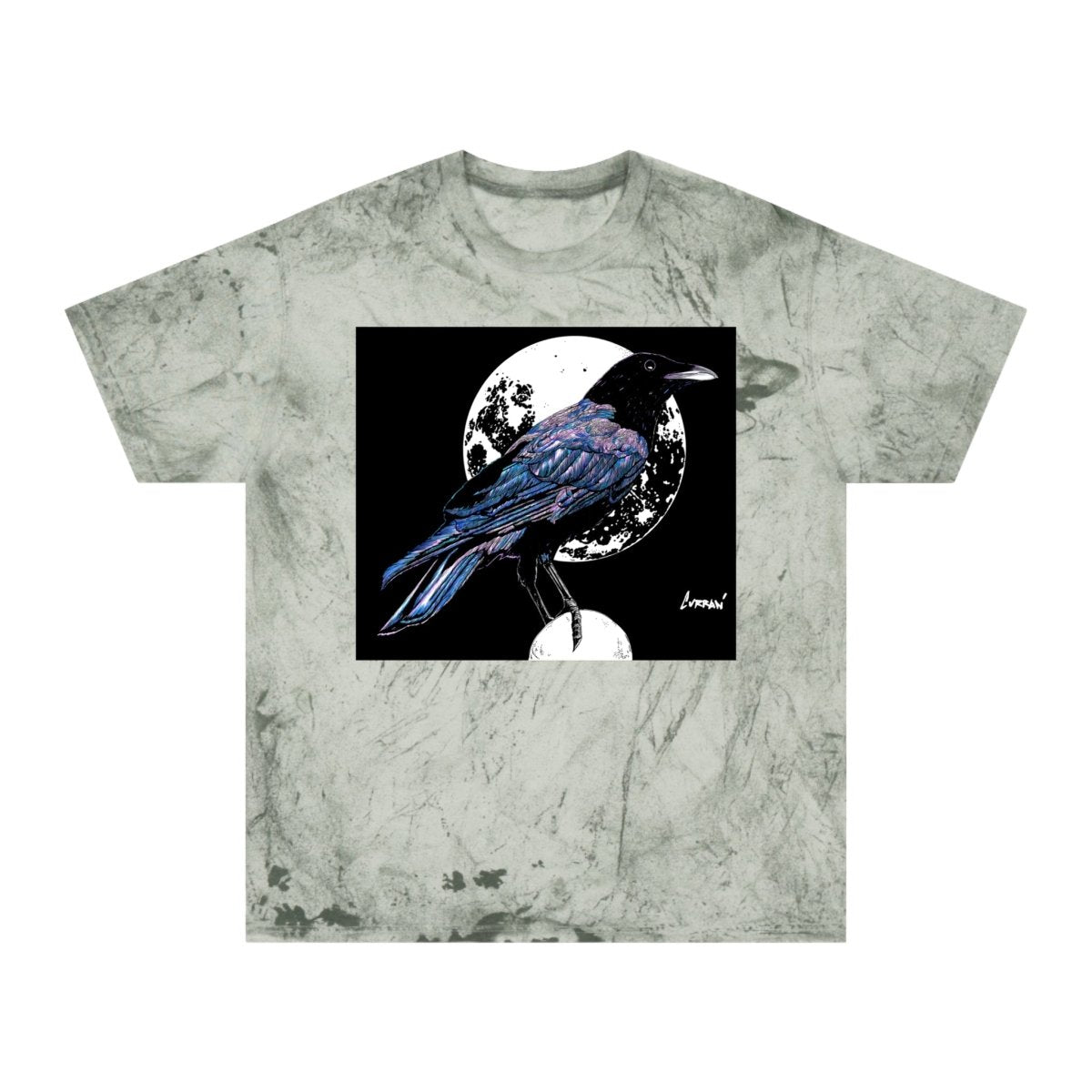 Artistic Crow Design Unisex Color Blast T-Shirt - on Vivid Tie - Dye Background - Curran Artworks