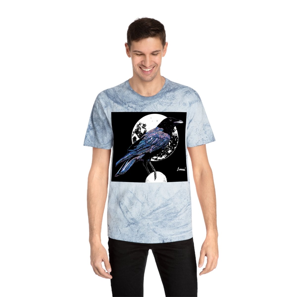 Artistic Crow Design Unisex Color Blast T-Shirt - on Vivid Tie - Dye Background - Curran Artworks