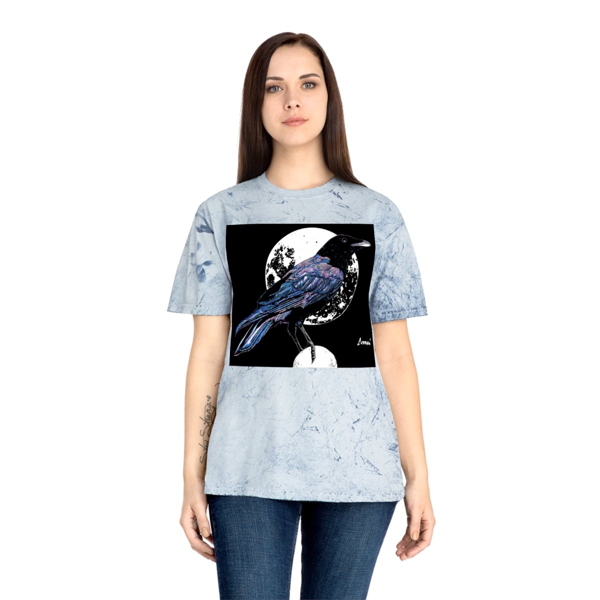 Artistic Crow Design Unisex Color Blast T-Shirt - on Vivid Tie - Dye Background - Curran Artworks