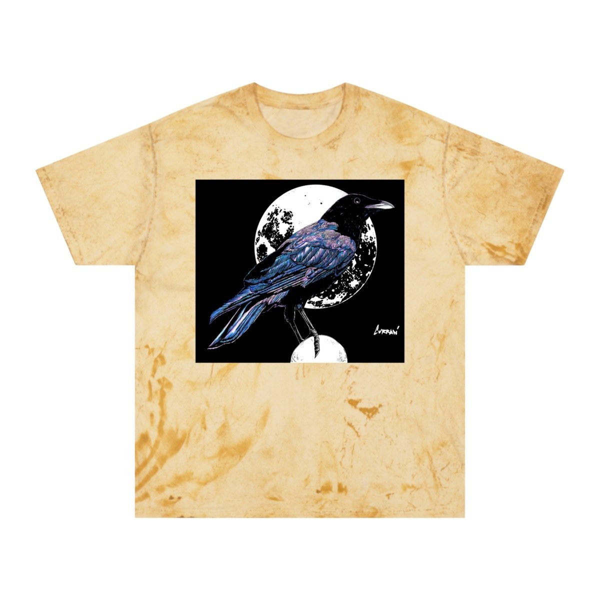 Artistic Crow Design Unisex Color Blast T-Shirt - on Vivid Tie - Dye Background - Curran Artworks