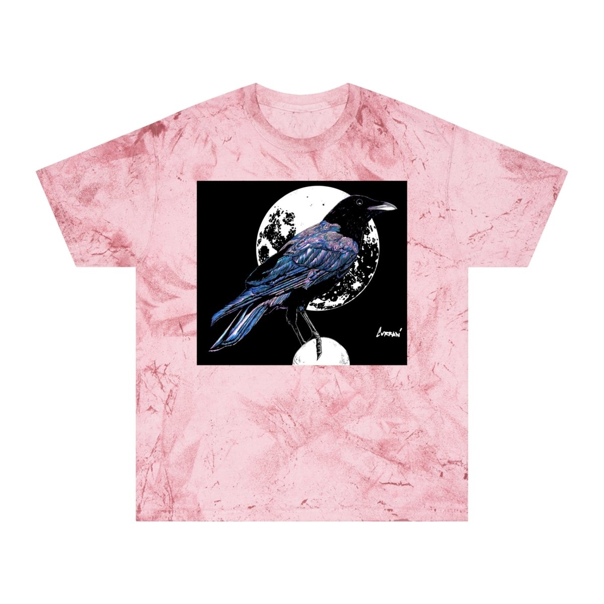 Artistic Crow Design Unisex Color Blast T-Shirt - on Vivid Tie - Dye Background - Curran Artworks