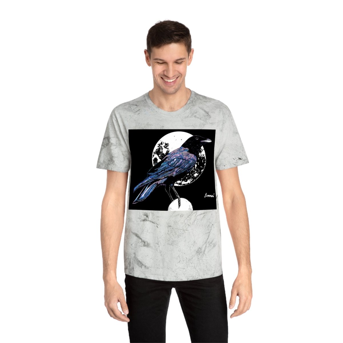 Artistic Crow Design Unisex Color Blast T-Shirt - on Vivid Tie - Dye Background - Curran Artworks