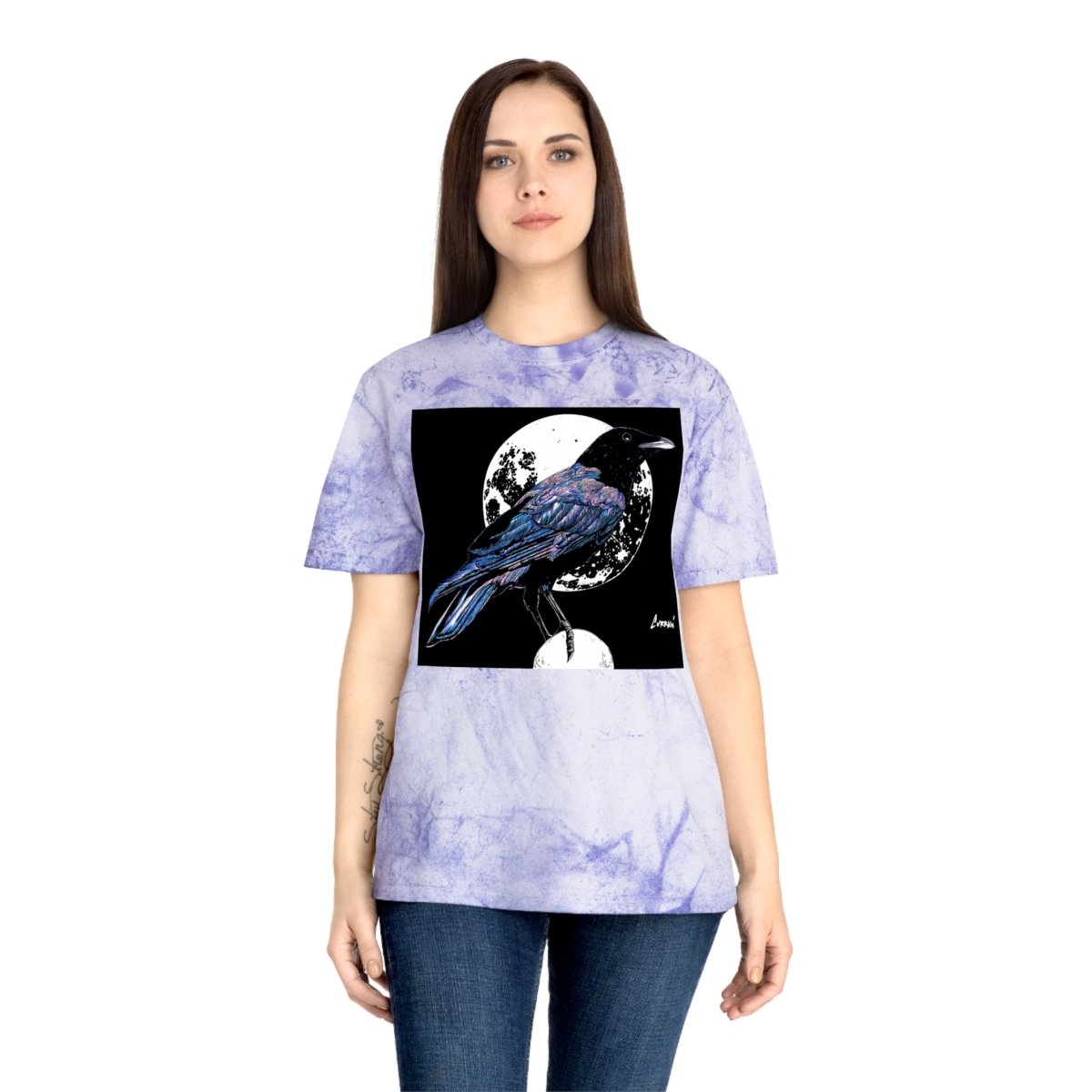 Artistic Crow Design Unisex Color Blast T-Shirt - on Vivid Tie - Dye Background - Curran Artworks