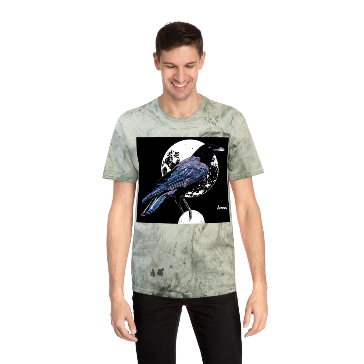 Artistic Crow Design Unisex Color Blast T-Shirt - on Vivid Tie - Dye Background - Curran Artworks