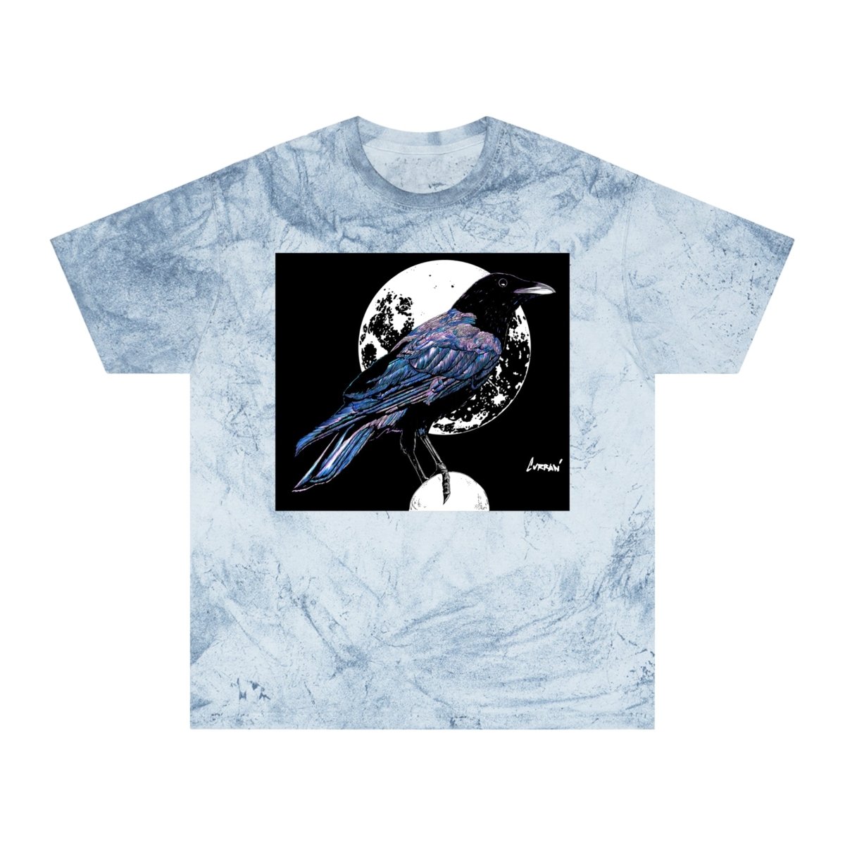 Artistic Crow Design Unisex Color Blast T-Shirt - on Vivid Tie - Dye Background - Curran Artworks