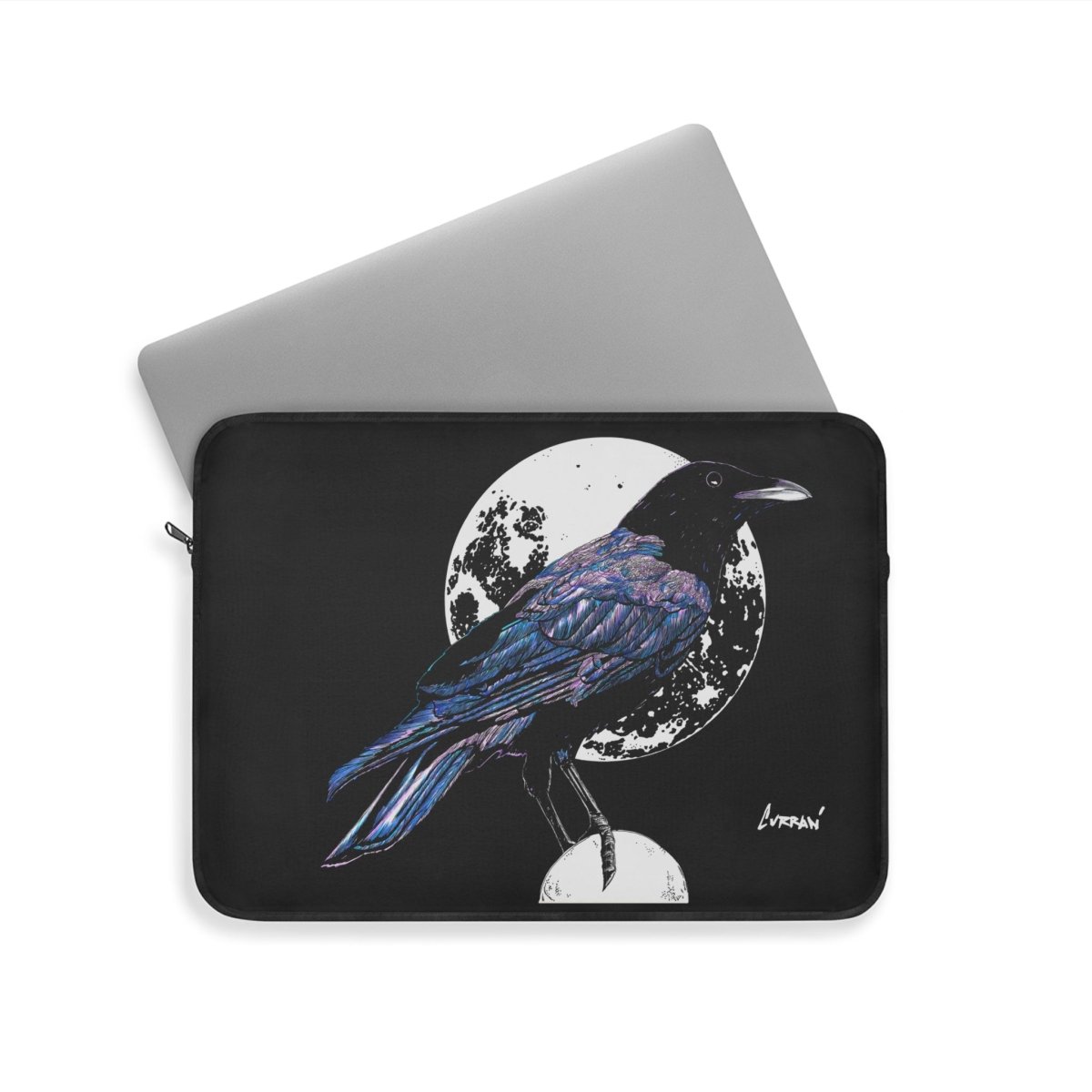 Artistic Crow Laptop Sleeve - Unique Black Design for Creatives - Curran Artworks
