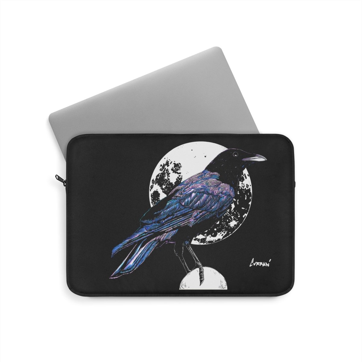 Artistic Crow Laptop Sleeve - Unique Black Design for Creatives - Curran Artworks