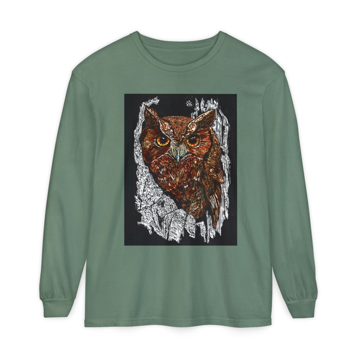Artistic Owl Long Sleeve T-Shirt - Unisex Garment - Dyed Tee for Nature Lovers - Curran Artworks