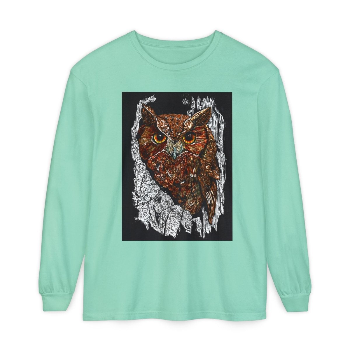 Artistic Owl Long Sleeve T-Shirt - Unisex Garment - Dyed Tee for Nature Lovers - Curran Artworks