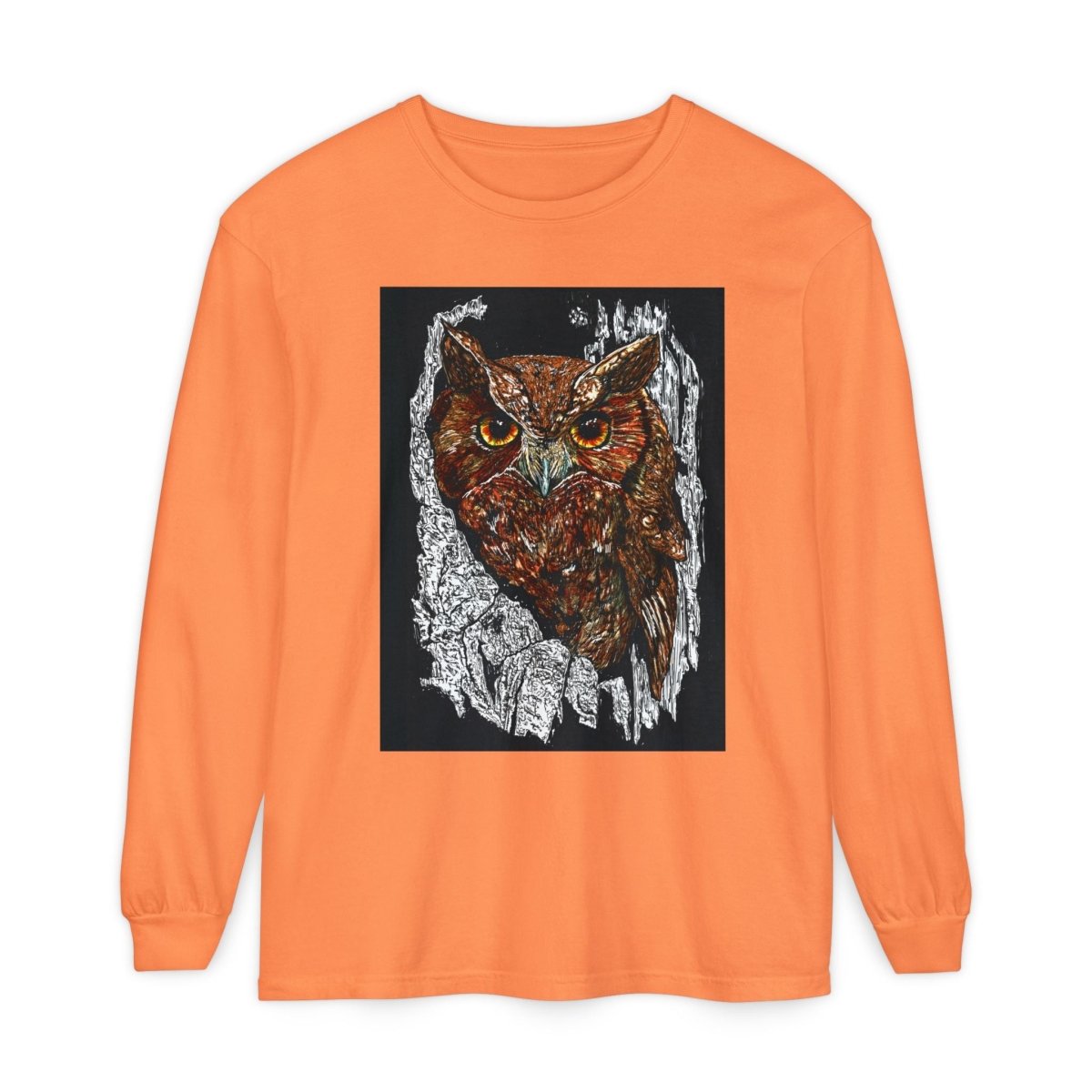 Artistic Owl Long Sleeve T-Shirt - Unisex Garment - Dyed Tee for Nature Lovers - Curran Artworks