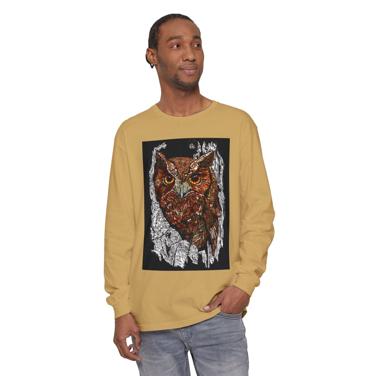 Artistic Owl Long Sleeve T-Shirt - Unisex Garment - Dyed Tee for Nature Lovers - Curran Artworks